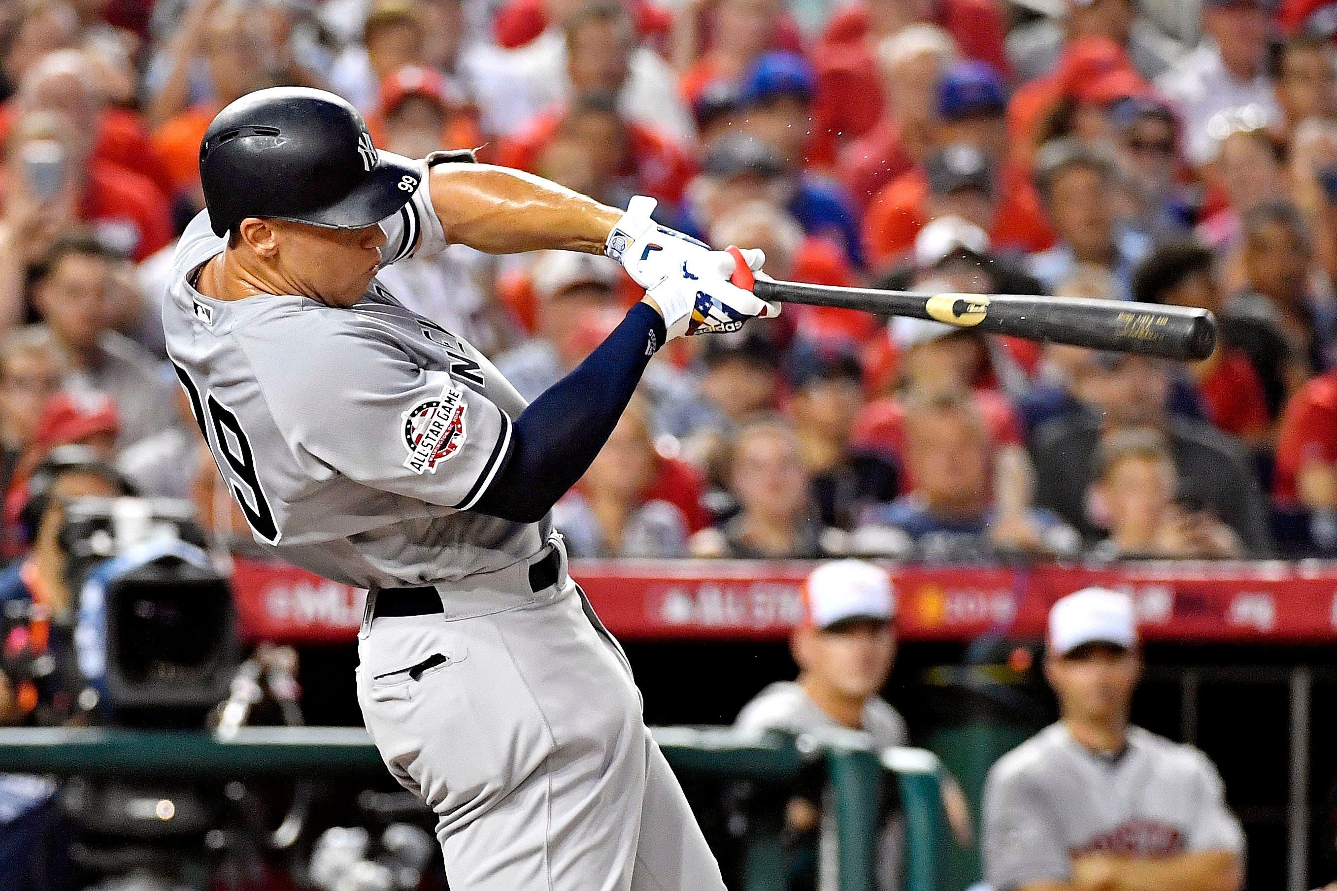 Jul 17, 2018; Washington, DC, USA; American League outfielder Aaron Judge of the New York Yankees (99) hits a home run during the second inning against the National League in the 2018 MLB All Star Game at Nationals Ballpark. Mandatory Credit: Brad Mills-USA TODAY Sports / Brad Mills