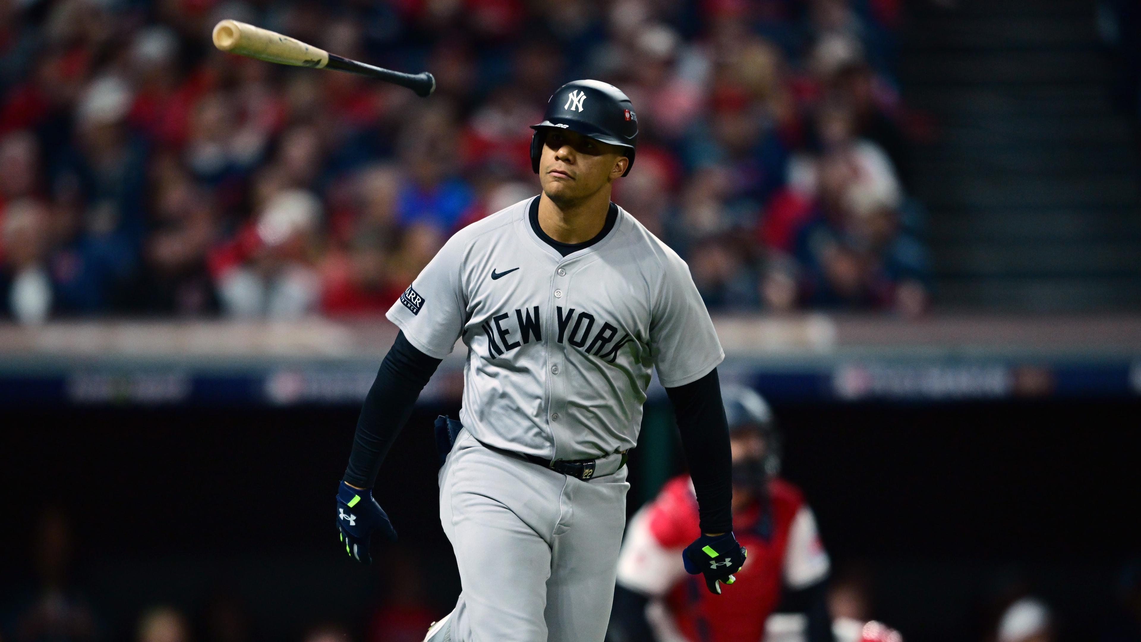 Oct 18, 2024; Cleveland, Ohio, USA; New York Yankees outfielder Juan Soto (22) celebrates after hitting a two run home run against the Cleveland Guardians in the first inning during game four of the ALCS for the 2024 MLB playoffs at Progressive Field. 