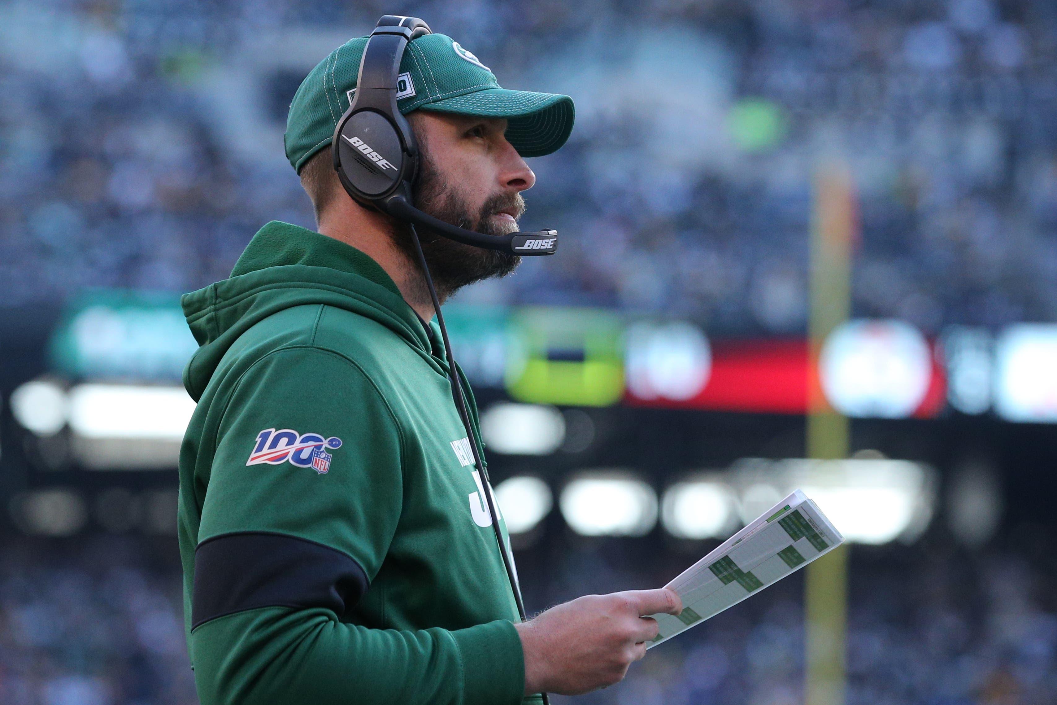 Dec 22, 2019; East Rutherford, New Jersey, USA; New York Jets head coach Adam Gase coaches against the Pittsburgh Steelers during the third quarter at MetLife Stadium. Mandatory Credit: Brad Penner-USA TODAY Sportsundefined