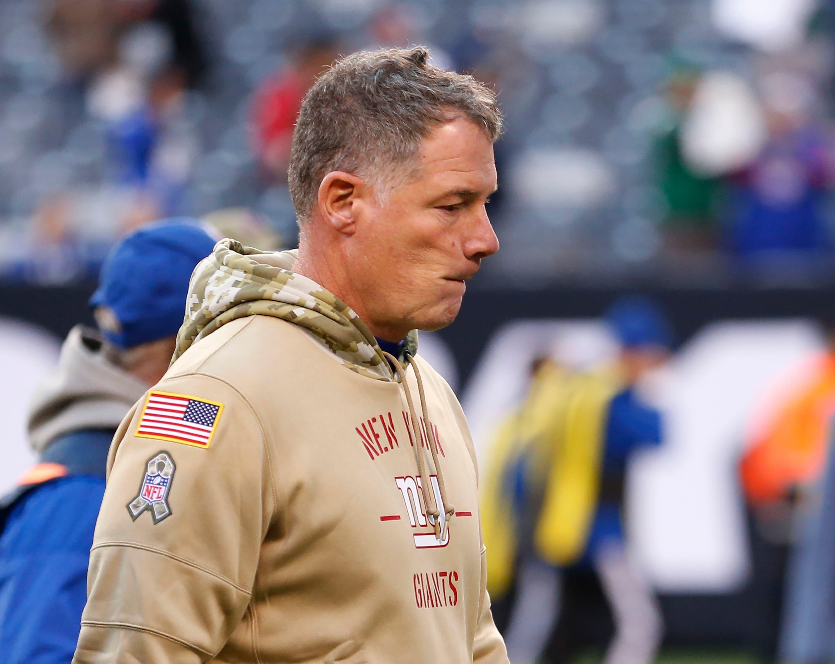 Nov 10, 2019; East Rutherford, NJ, USA; New York Giants head coach Pat Shurmur leaves the field after losing to the New York Jets at MetLife Stadium. Mandatory Credit: Noah K. Murray-USA TODAY Sports / Noah K. Murray