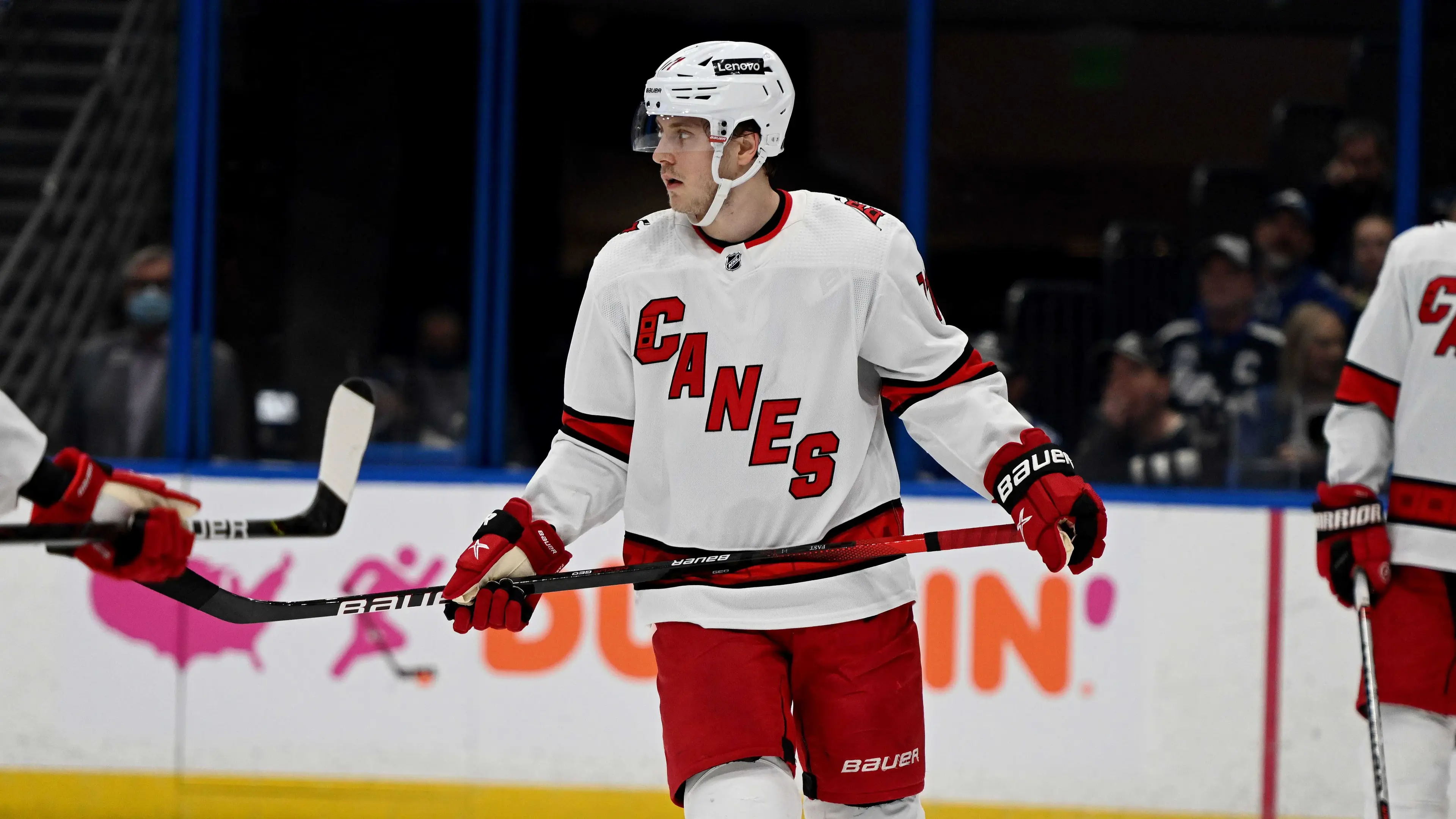 Carolina Hurricanes right wing Jesper Fast (71) looks on during a break in the first period against the Tampa Bay Lightning at Amalie Arena / Jonathan Dyer - USA TODAY Sports