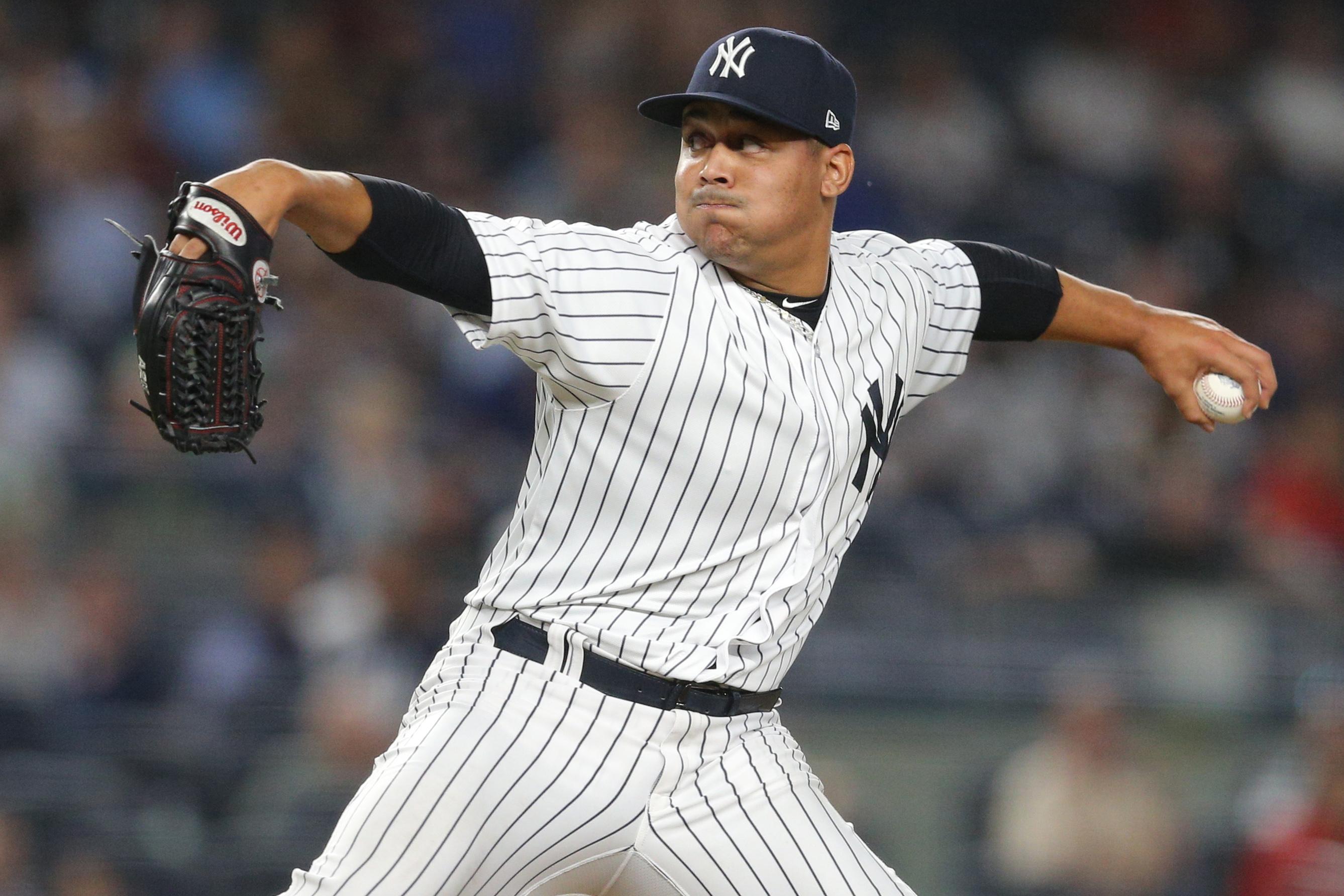 New York Yankees relief pitcher Justus Sheffield pitches against the Boston Red Sox during the ninth inning at Yankee Stadium.