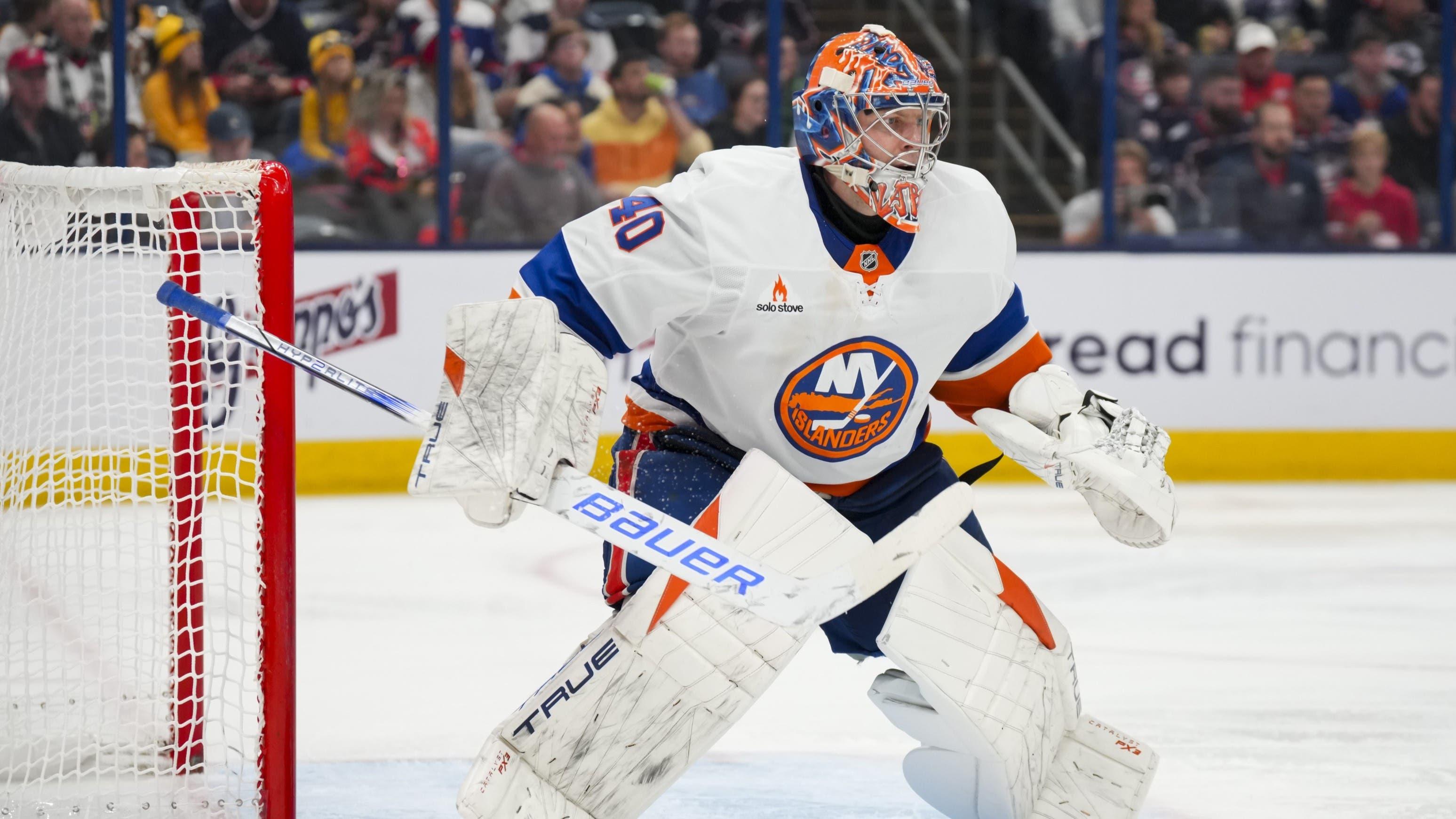 Oct 30, 2024; Columbus, Ohio, USA; New York Islanders goaltender Semyon Varlamov (40) defends the net against the Columbus Blue Jackets in the second period at Nationwide Arena. / Aaron Doster-Imagn Images