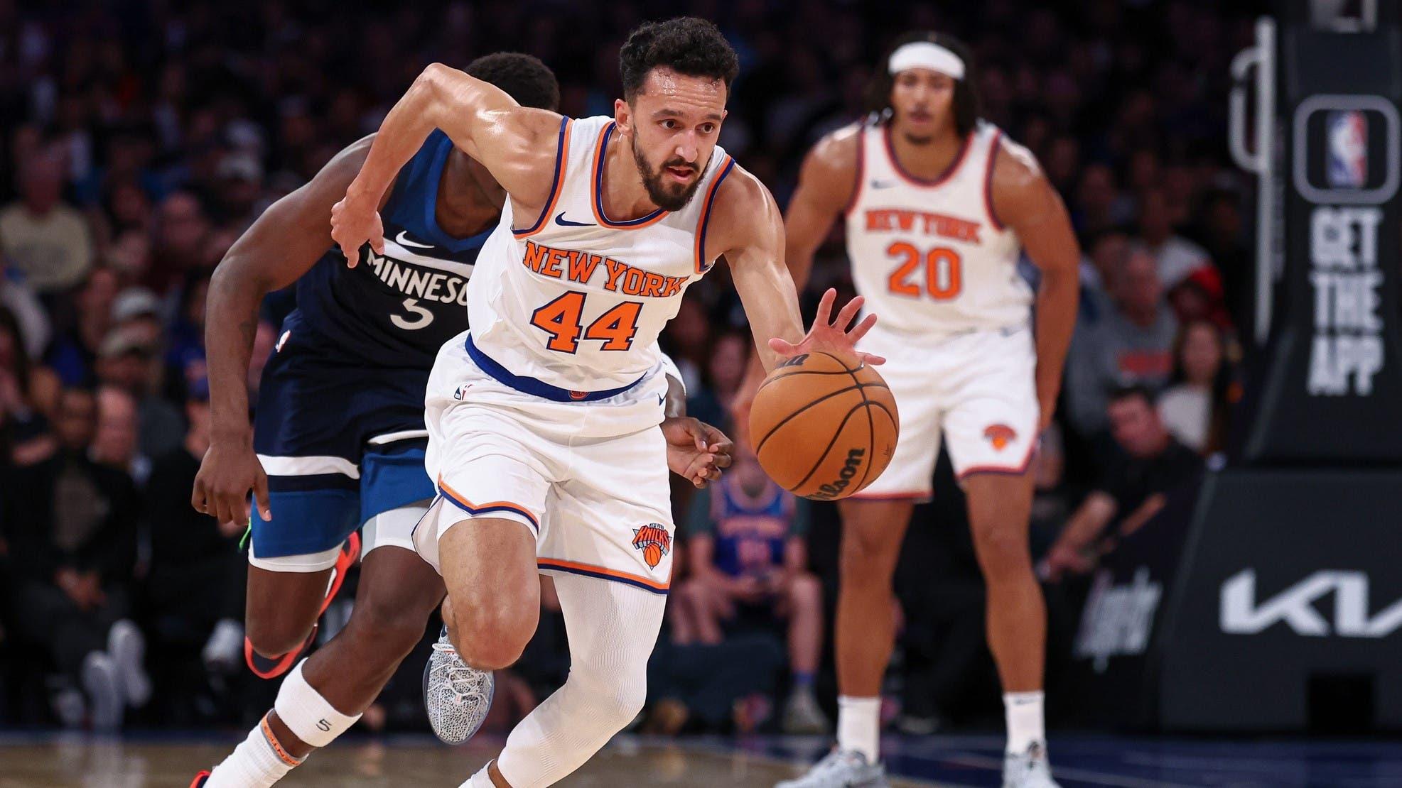 Oct 13, 2024; New York, New York, USA; New York Knicks guard Landry Shamet (44) steals the ball from Minnesota Timberwolves guard Anthony Edwards (5) during the first half at Madison Square Garden. 