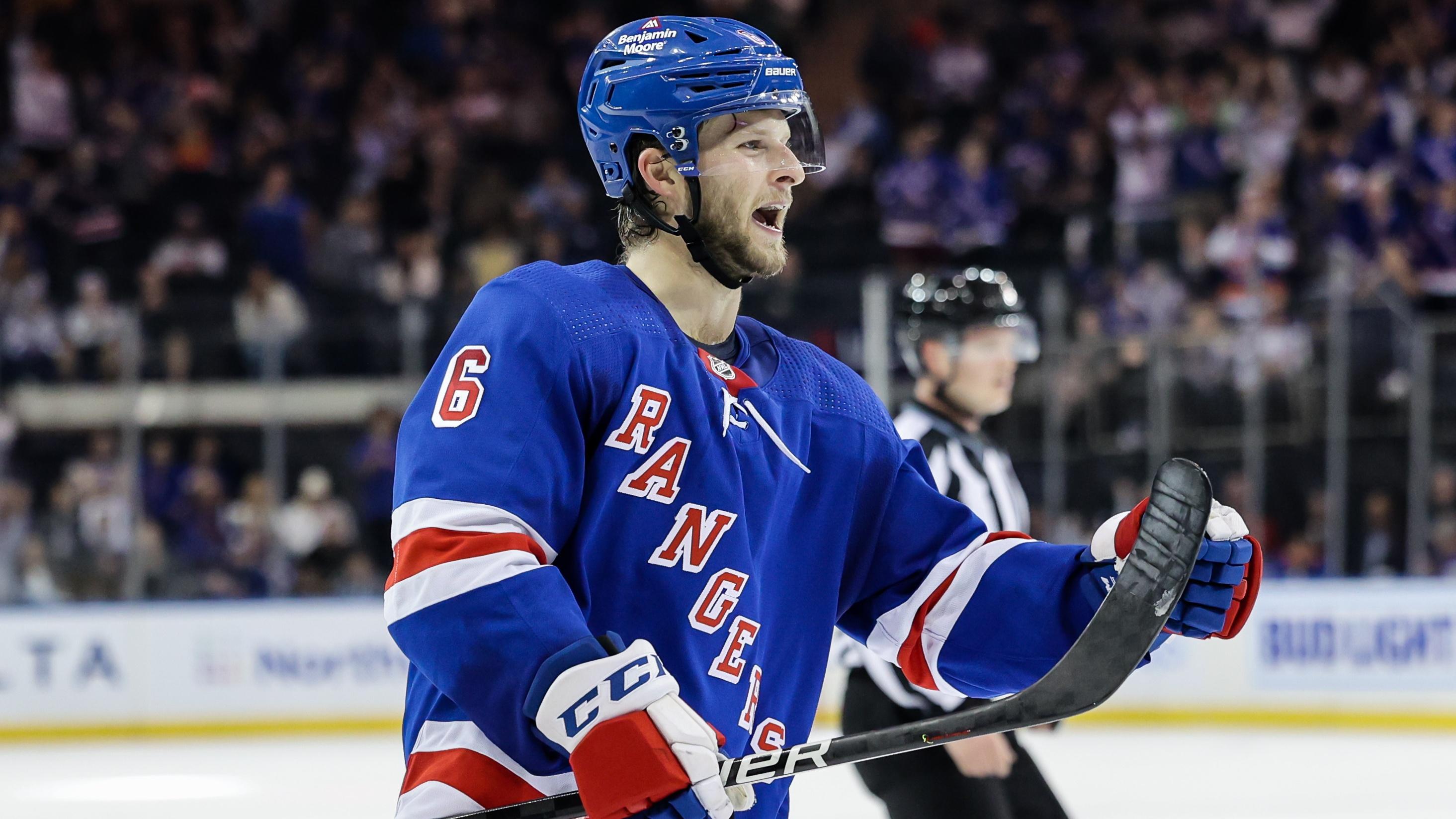 New York Rangers defenseman Zac Jones (6) reacts after his goal against the New York Islanders during the second period at Madison Square Garden