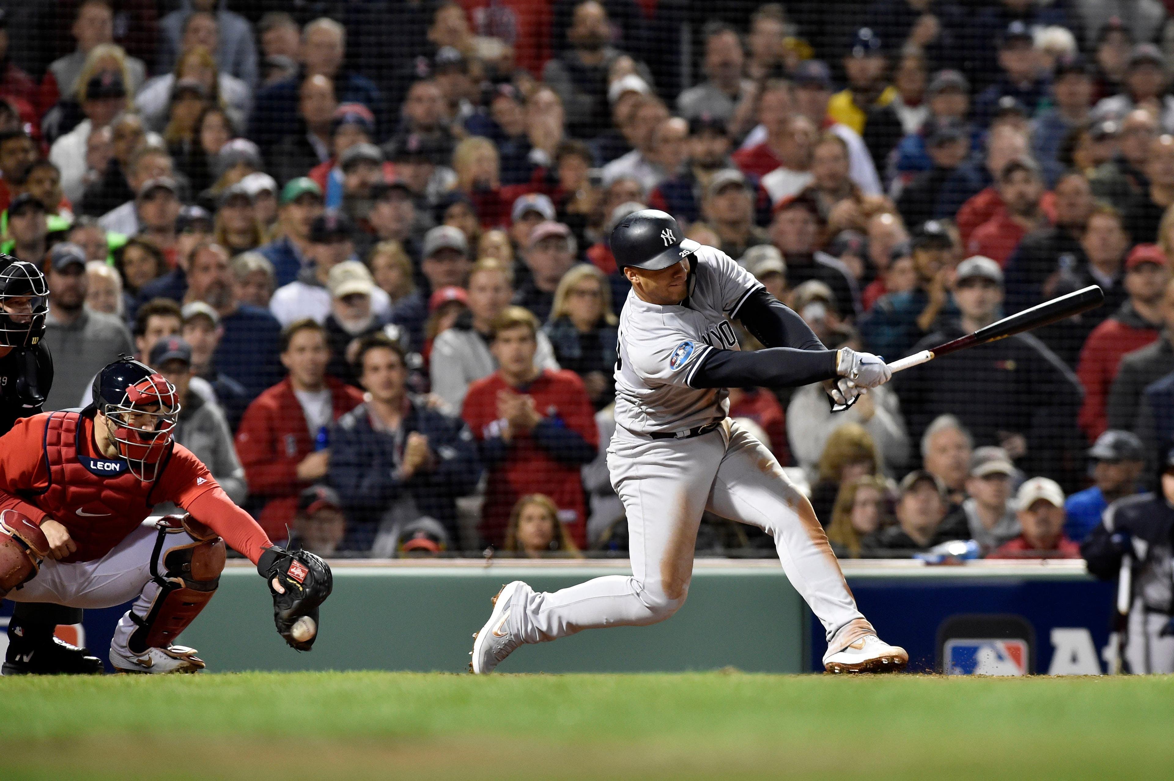 May 26, 2019; Kansas City, MO, USA; New York Yankees second baseman Gleyber Torres (25) hits a three run home run during the sixth inning against the Kansas City Royals at Kauffman Stadium. Mandatory Credit: Peter G. Aiken/USA TODAY Sports / Peter Aiken