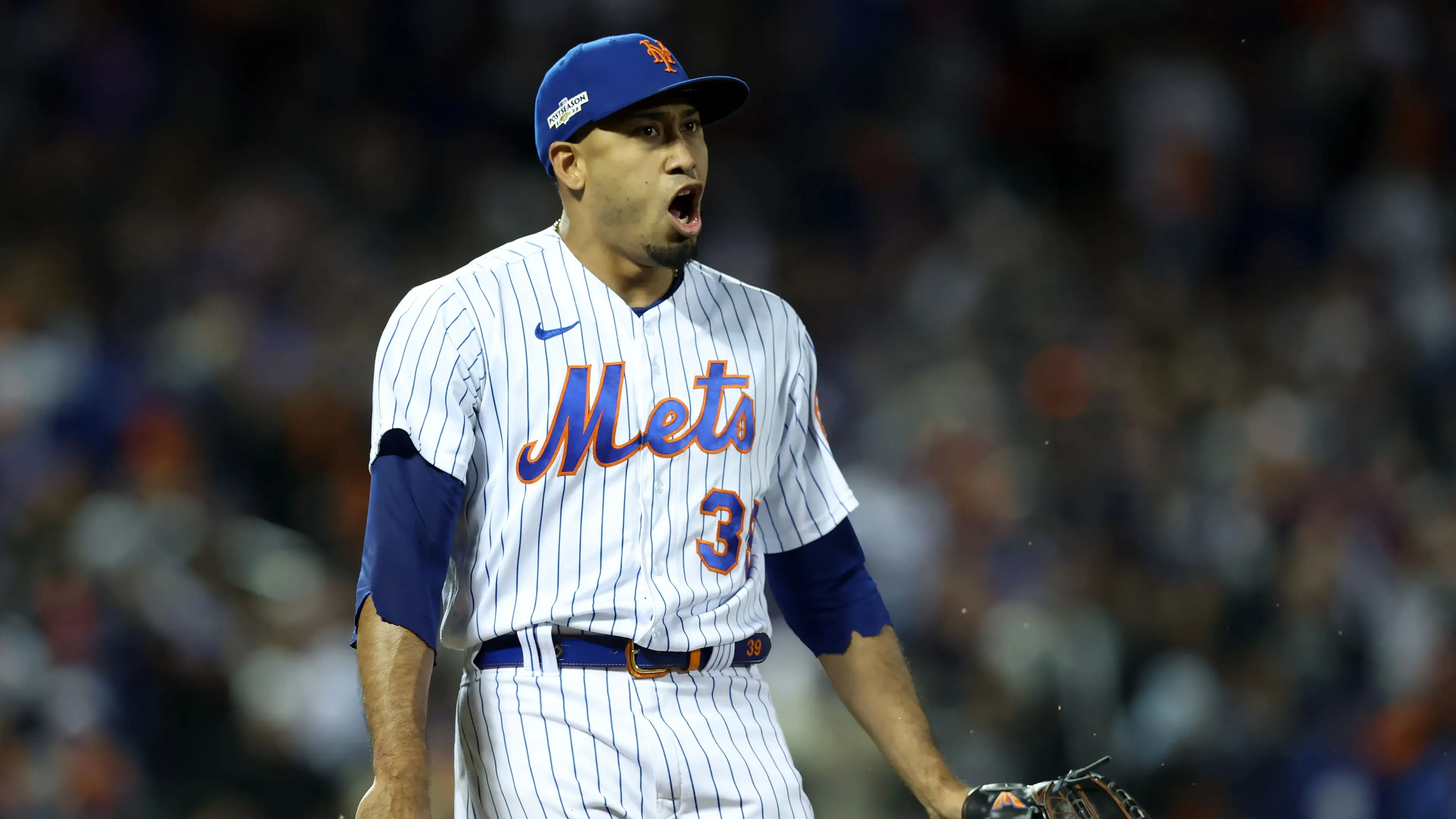 Oct 8, 2022; New York City, New York, USA; New York Mets relief pitcher Edwin Diaz (39) reacts after getting San Diego Padres center fielder Trent Grisham (not pictured) out in the seventh inning during game two of the Wild Card series for the 2022 MLB Playoffs at Citi Field. Mandatory Credit: Brad Penner-USA TODAY Sports / © Brad Penner-USA TODAY Sports