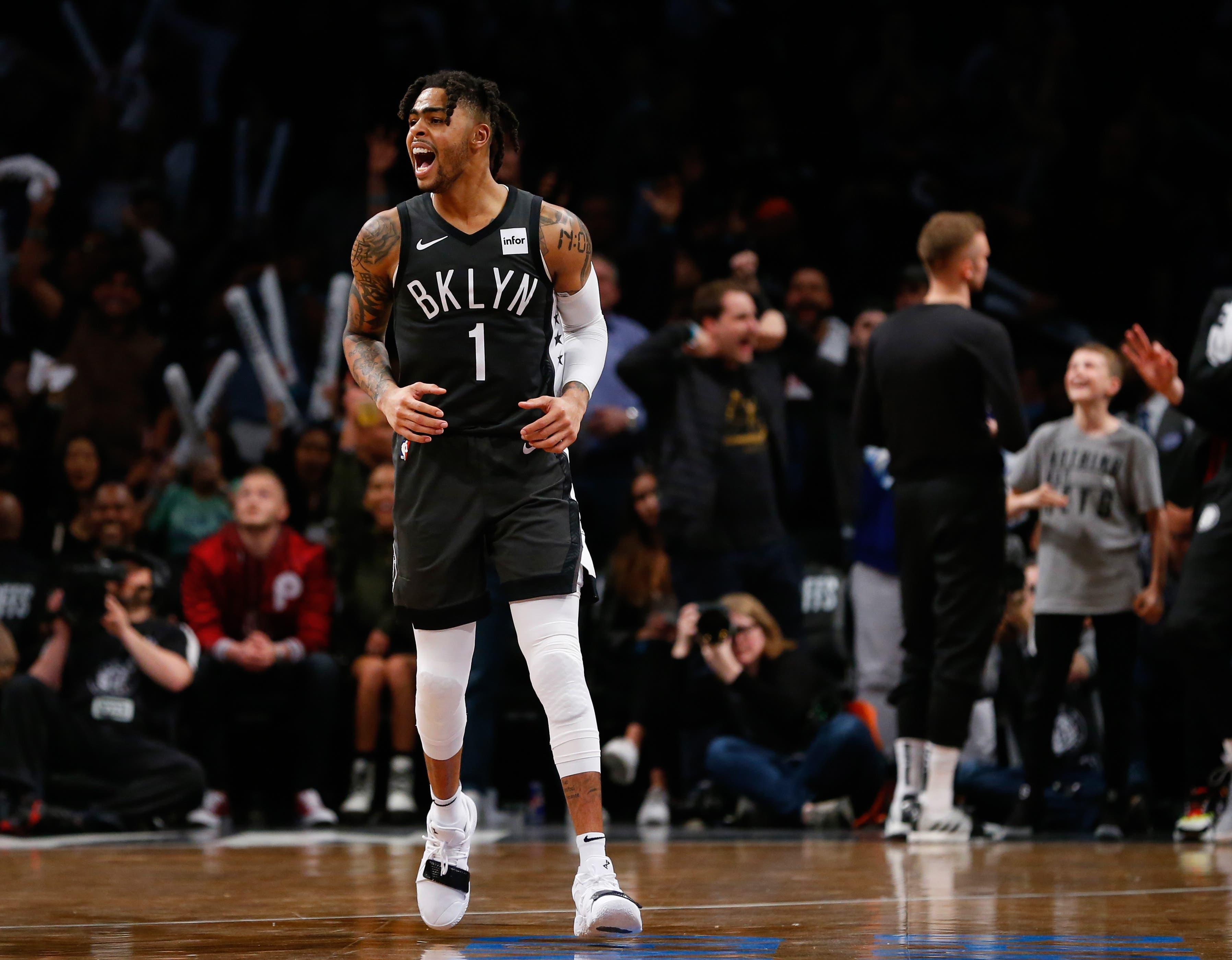 Apr 20, 2019; Brooklyn, NY, USA; Brooklyn Nets guard D'Angelo Russell (1) reacts after making a three point shot against the Philadelphia 76ers during the second half at Barclays Center. Mandatory Credit: Noah K. Murray-USA TODAY Sports / Noah K. Murray