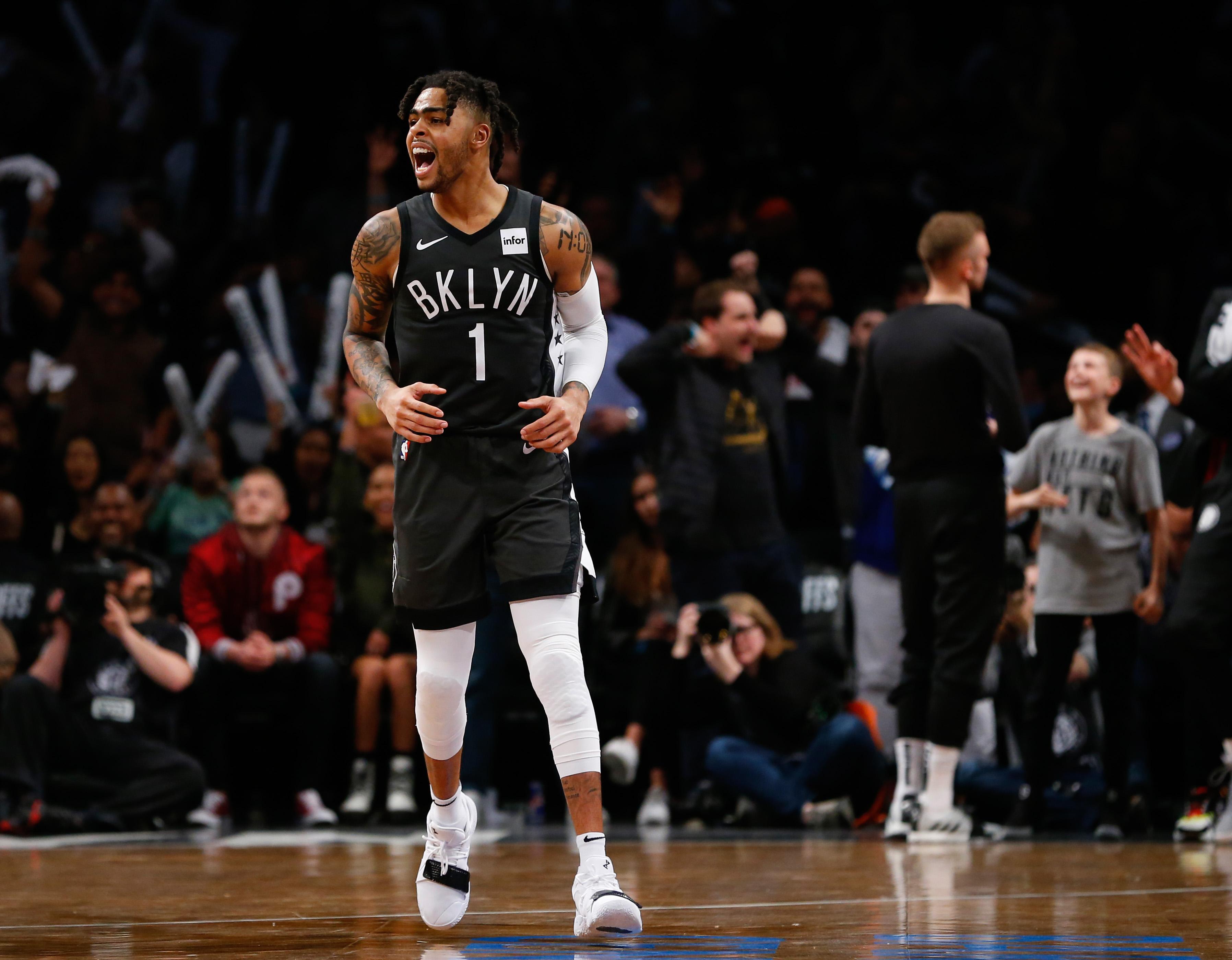 Mar 2, 2019; Miami, FL, USA; Brooklyn Nets guard D'Angelo Russell (1) reacts during the second half against the Miami Heat at American Airlines Arena. Mandatory Credit: Steve Mitchell-USA TODAY Sports