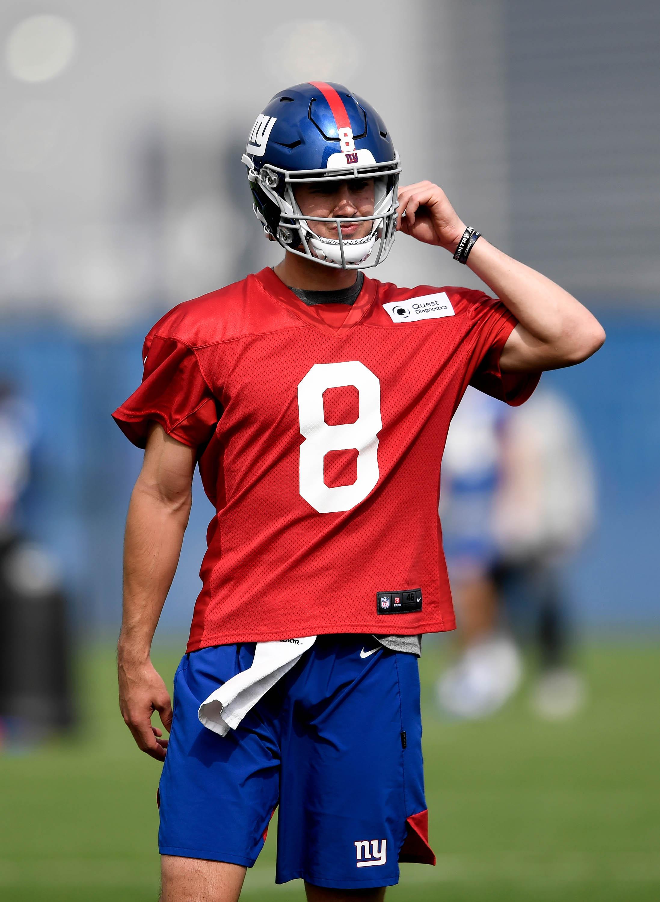 May 4, 2019; East Rutherford, NJ, USA; New York Giants quarterback draft pick Daniel Jones (8) looks on during rookie minicamp at Quest Diagnostics Training Center. Mandatory Credit: Sarah Stier-USA TODAY Sports 