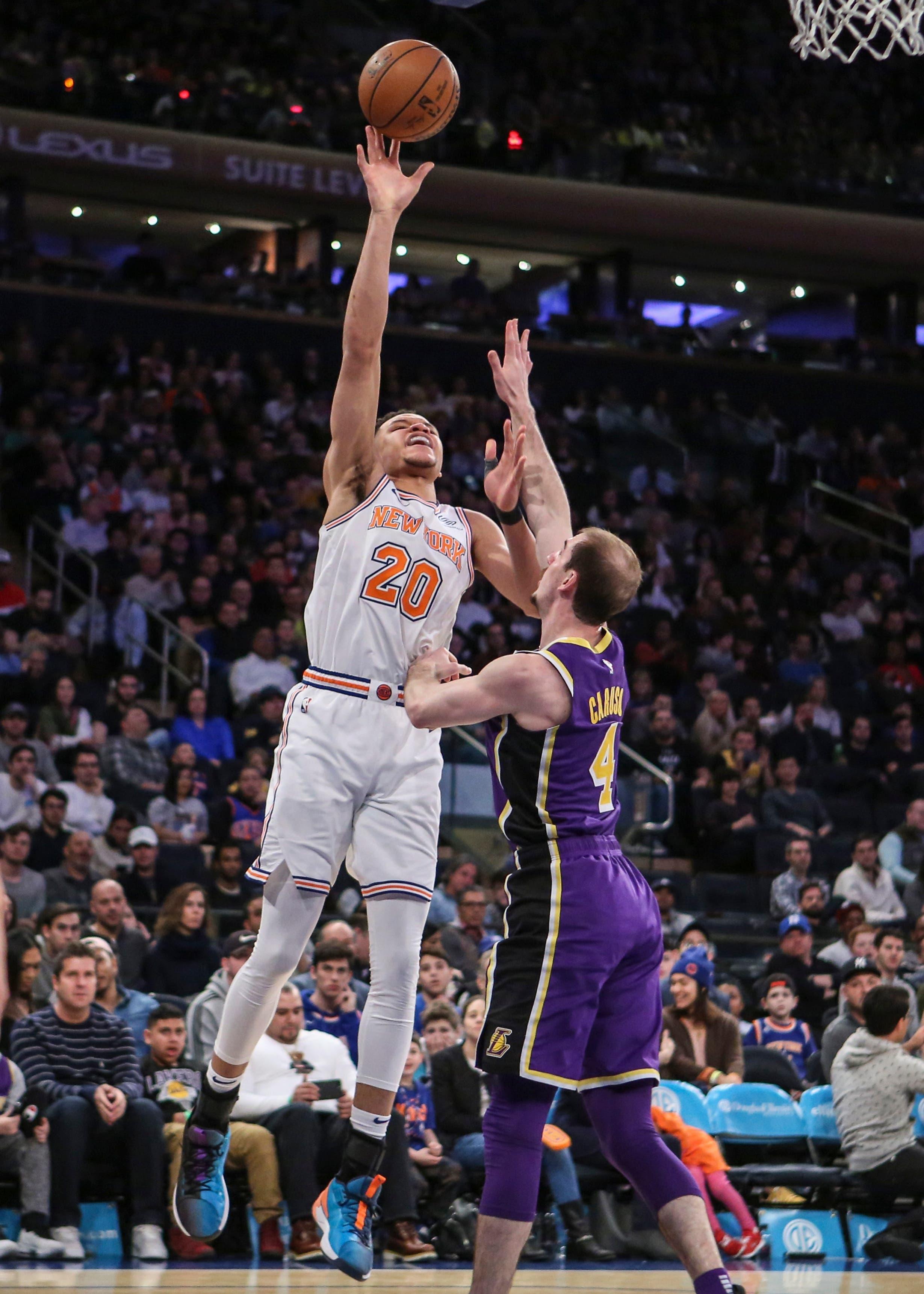 New York Knicks forward Kevin Knox puts up a shot in the fourth quarter against the Los Angeles Lakers at Madison Square Garden. / Wendell Cruz/USA TODAY Sports