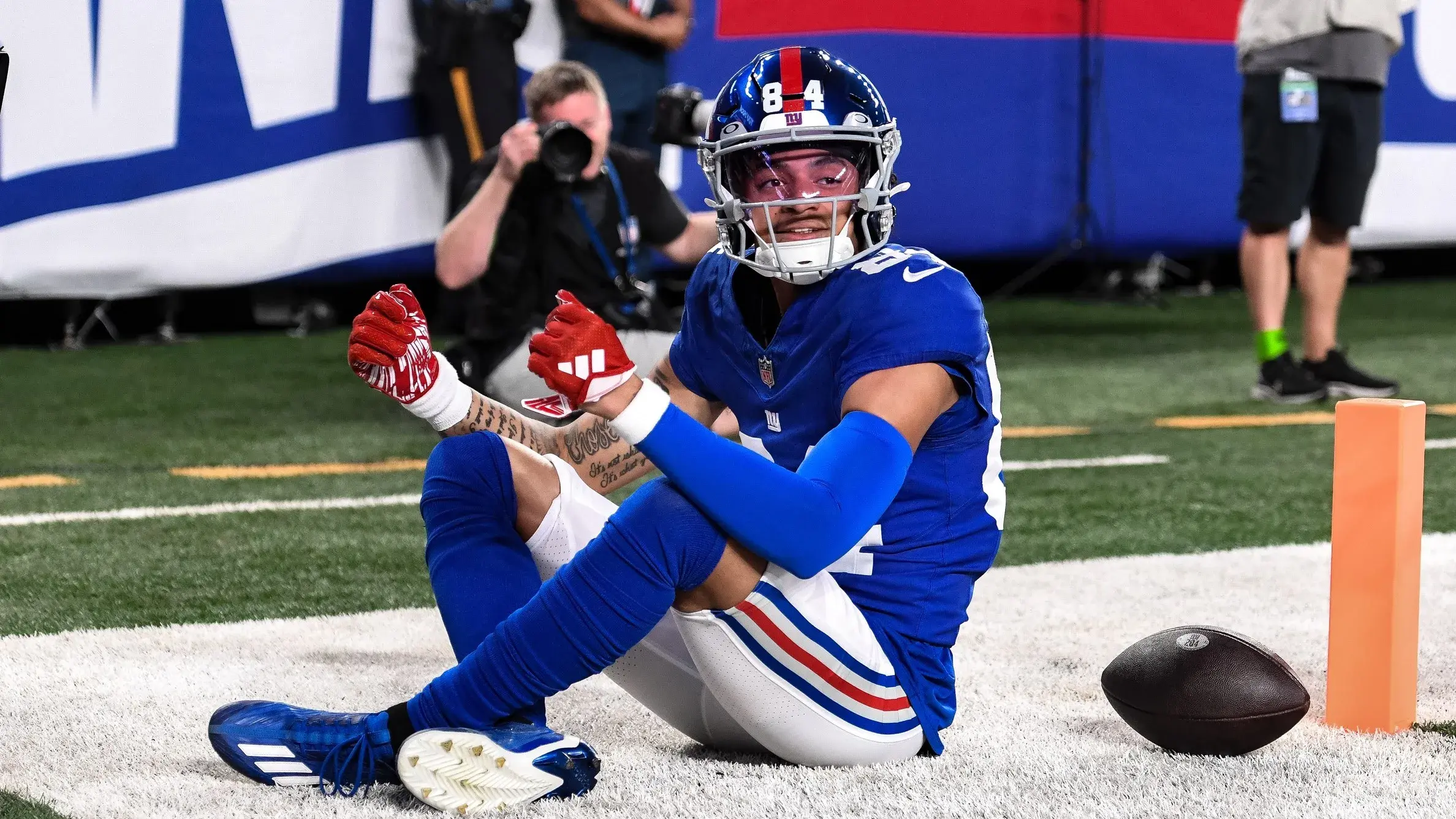 Aug 18, 2023; East Rutherford, New Jersey, USA; New York Giants wide receiver Jalin Hyatt (84) reacts after catching a touchdown pass against the Carolina Panthers during the second quarter at MetLife Stadium. / John Jones-USA TODAY Sports