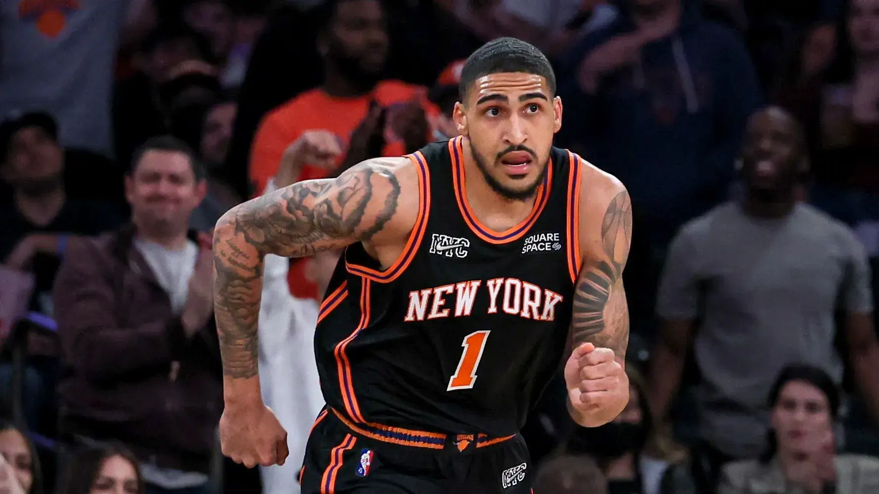 Mar 22, 2022; New York, New York, USA; New York Knicks forward Obi Toppin (1) runs up court after a dunk against the Atlanta Hawks during the first quarter at Madison Square Garden. / Vincent Carchietta-USA TODAY Sports