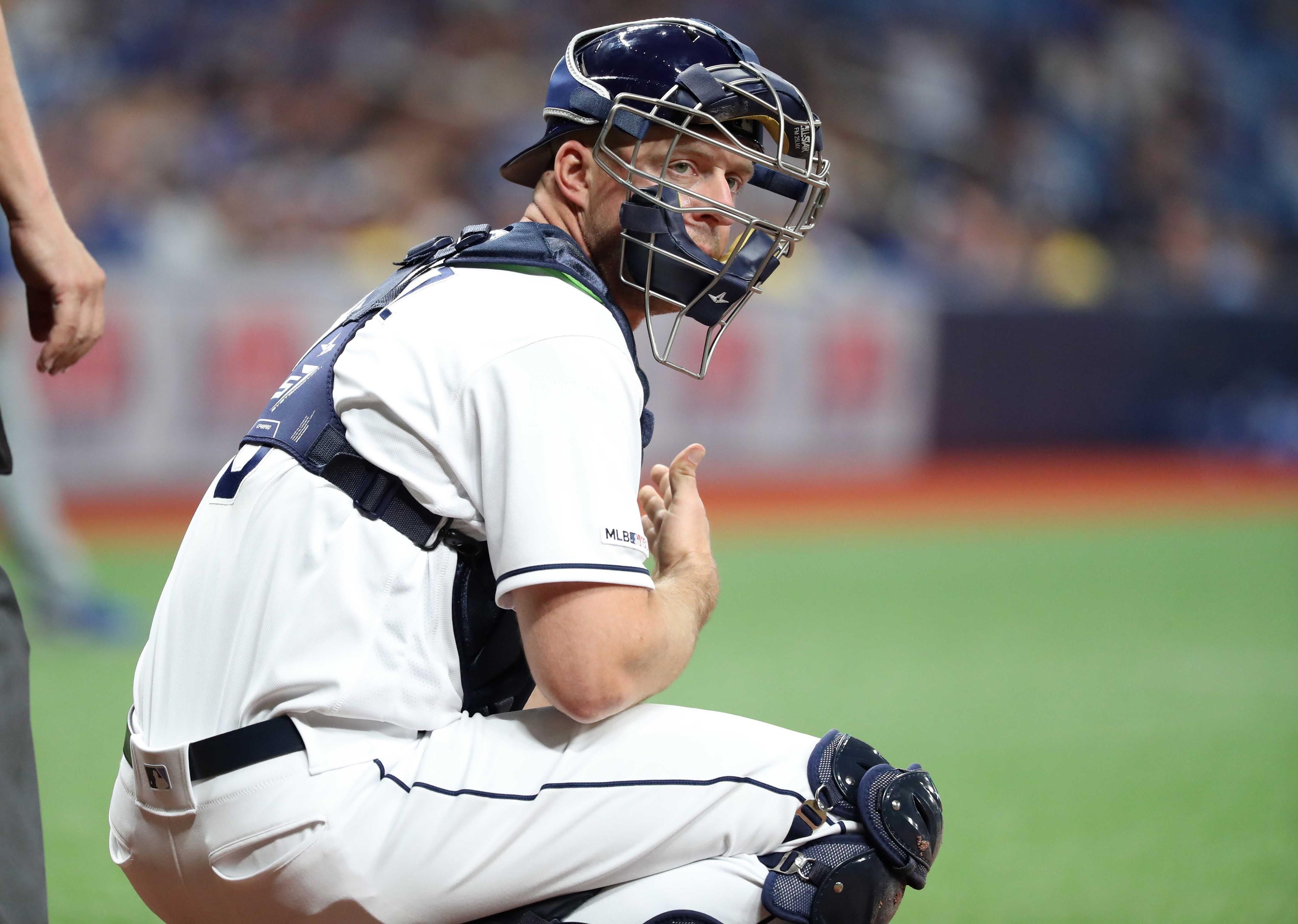 May 21, 2019; St. Petersburg, FL, USA; Tampa Bay Rays catcher Erik Kratz (6) looks on during the ninth inning against the Los Angeles Dodgers at Tropicana Field. Mandatory Credit: Kim Klement-USA TODAY Sports / Kim Klement