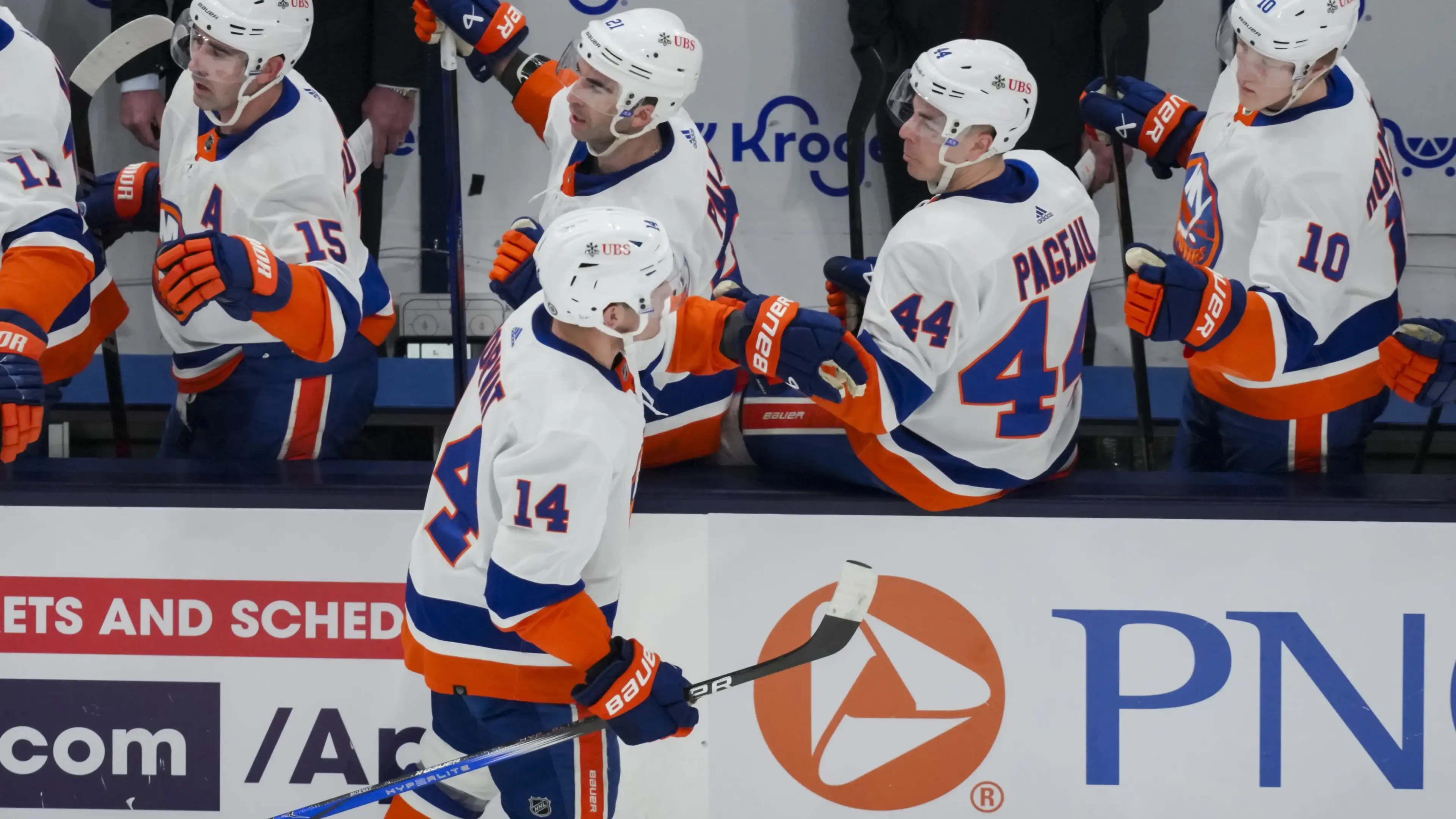 New York Islanders center Bo Horvat (14) celebrates with teammates after scoring a goal against the Columbus Blue Jackets in the first period at Nationwide Arena / Aaron Doster - USA Today Sports