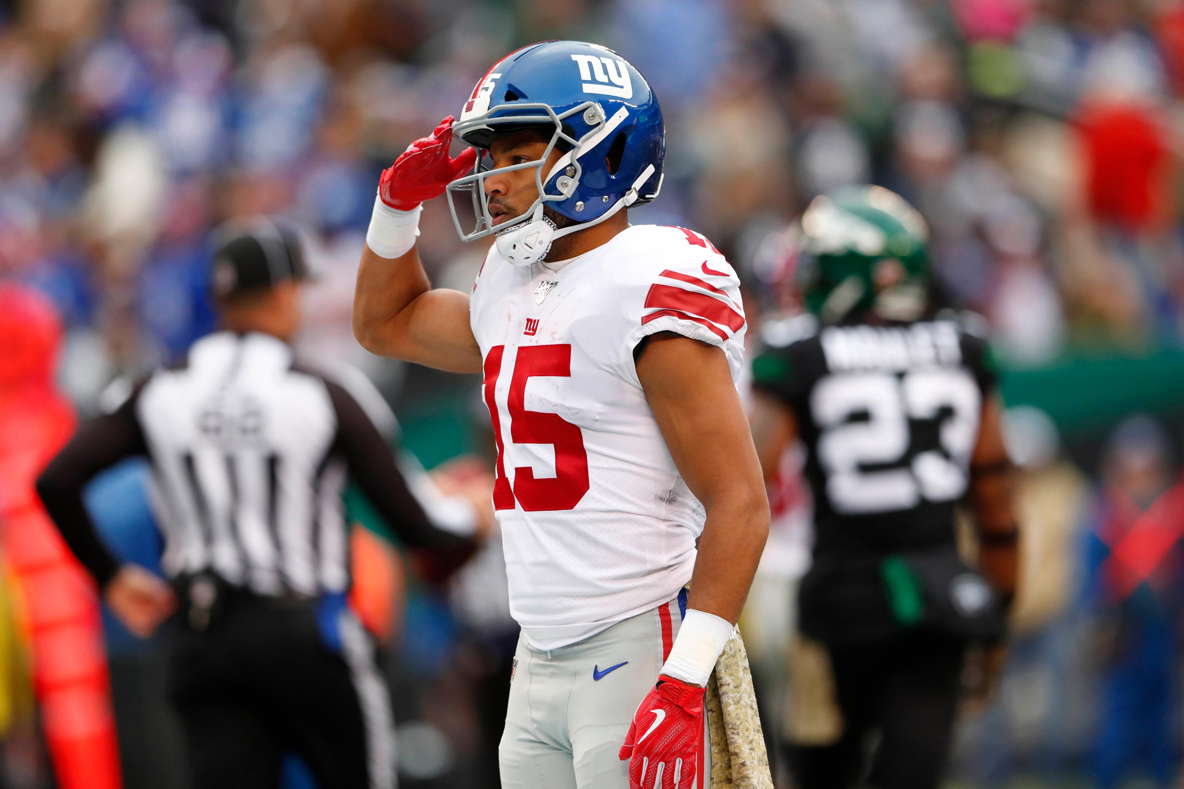 Nov 10, 2019; East Rutherford, NJ, USA; New York Giants wide receiver Golden Tate (15) reacts after scoring a touchdown against the New York Jets during the second half at MetLife Stadium. Mandatory Credit: Noah K. Murray-USA TODAY Sports