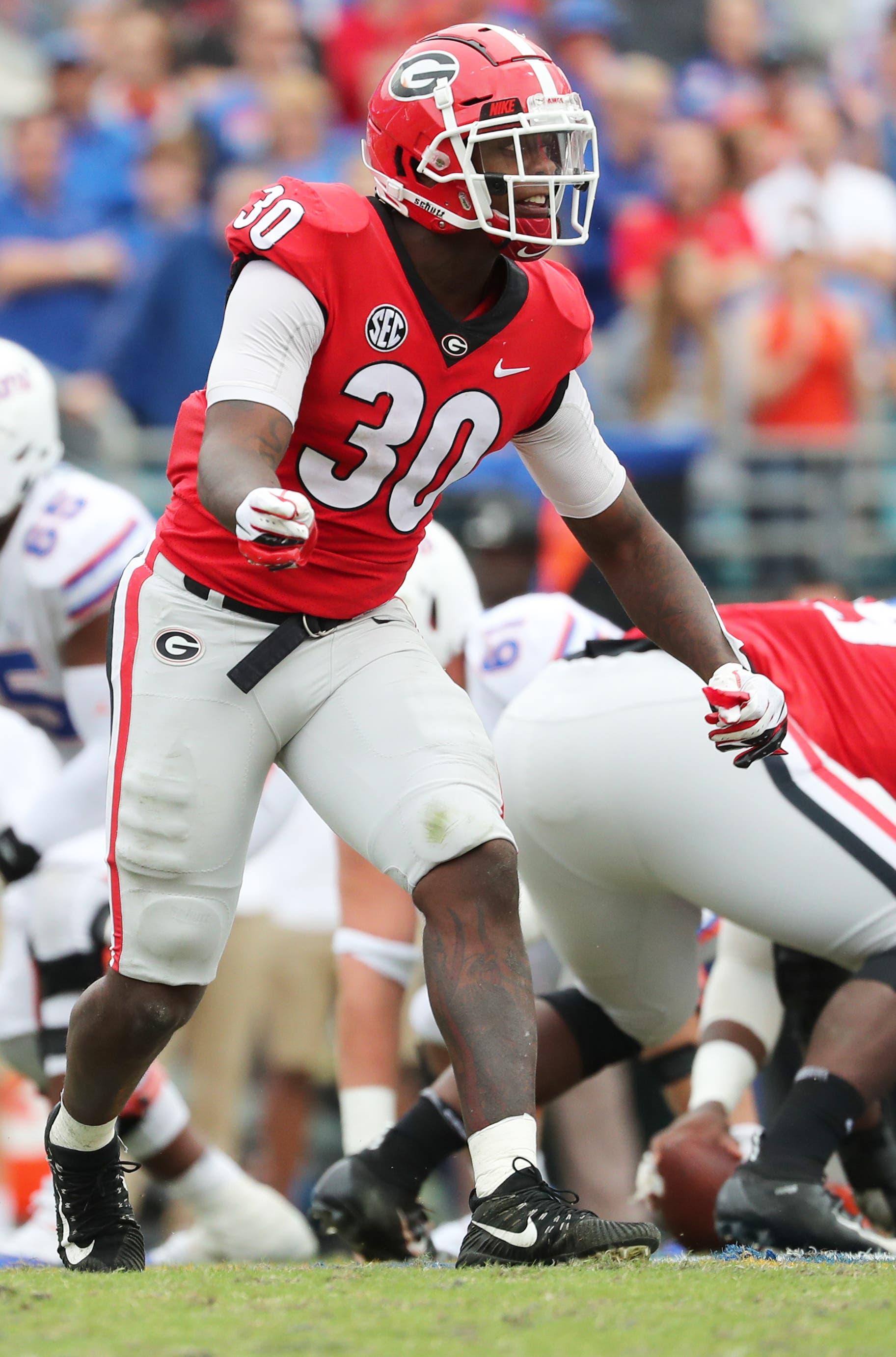 Oct 27, 2018; Jacksonville, FL, USA;Georgia Bulldogs linebacker Tae Crowder (30) during the first half at TIAA Bank Field. Mandatory Credit: Kim Klement-USA TODAY Sports / Kim Klement