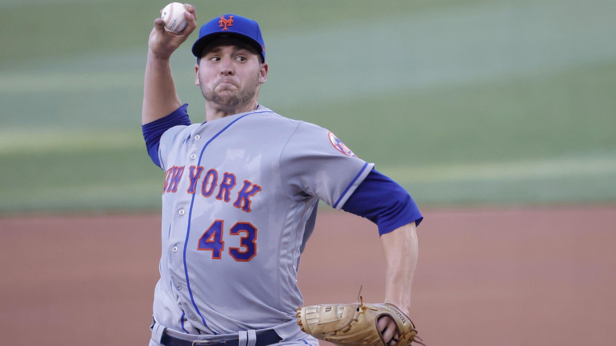 Jun 28, 2021; Washington, District of Columbia, USA; New York Mets starting pitcher Jerad Eickhoff (43) pitches against the Washington Nationals in the first inning at Nationals Park. / Geoff Burke-USA TODAY Sports