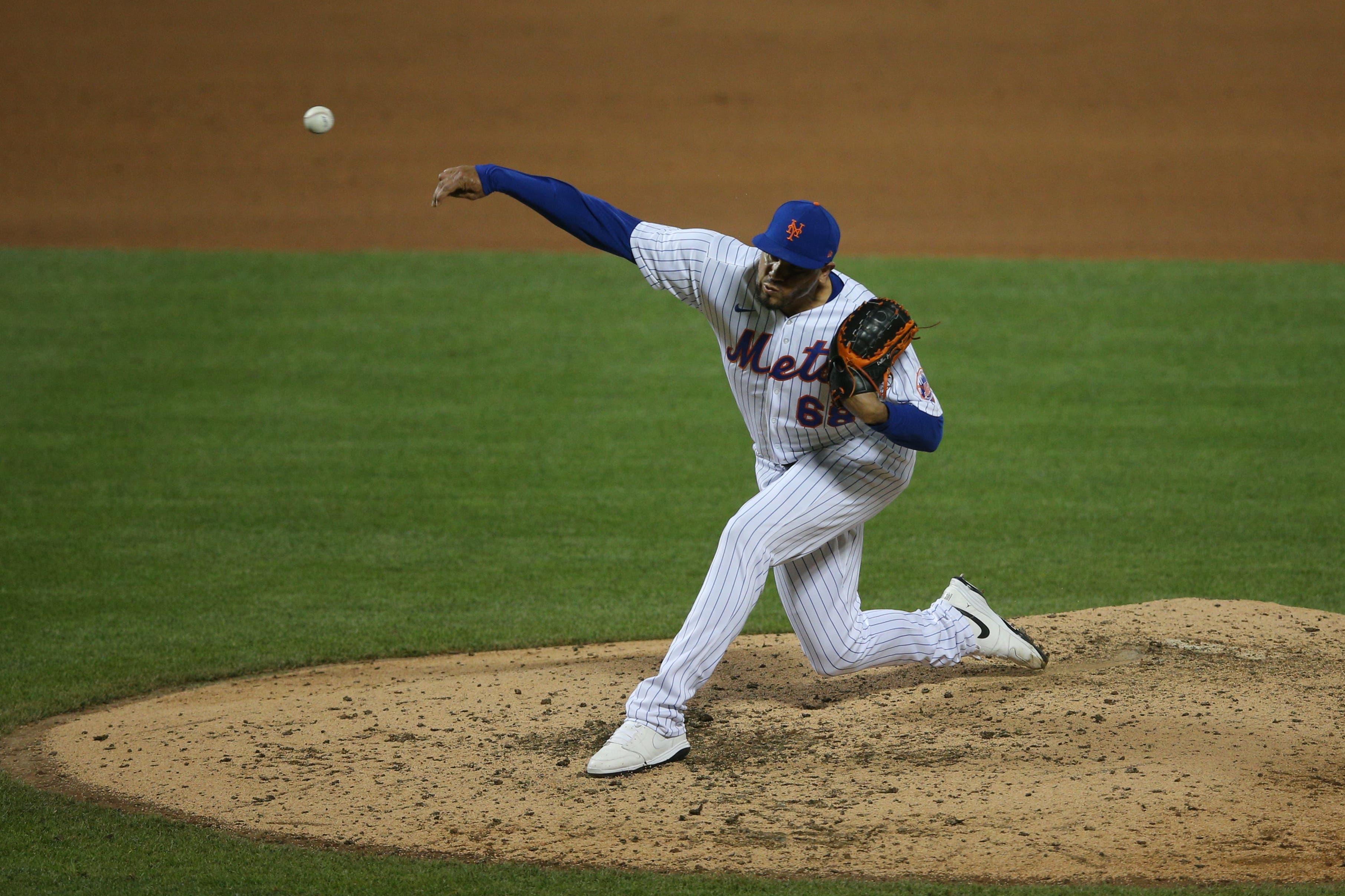 Jul 18, 2020; New York City, New York, USA; New York Mets relief pitcher Dellin Betances (68) pitches against the New York Yankees during the eighth inning of a preseason game at Citi Field. Mandatory Credit: Brad Penner-USA TODAY Sports / Brad Penner-USA TODAY Sports