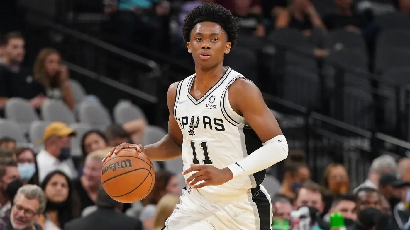 Oct 4, 2021; San Antonio, Texas, USA; San Antonio Spurs guard Josh Primo (11) dribbles the ball in the second half against the Utah Jazz at the AT&T Center. / Daniel Dunn-USA TODAY Sports