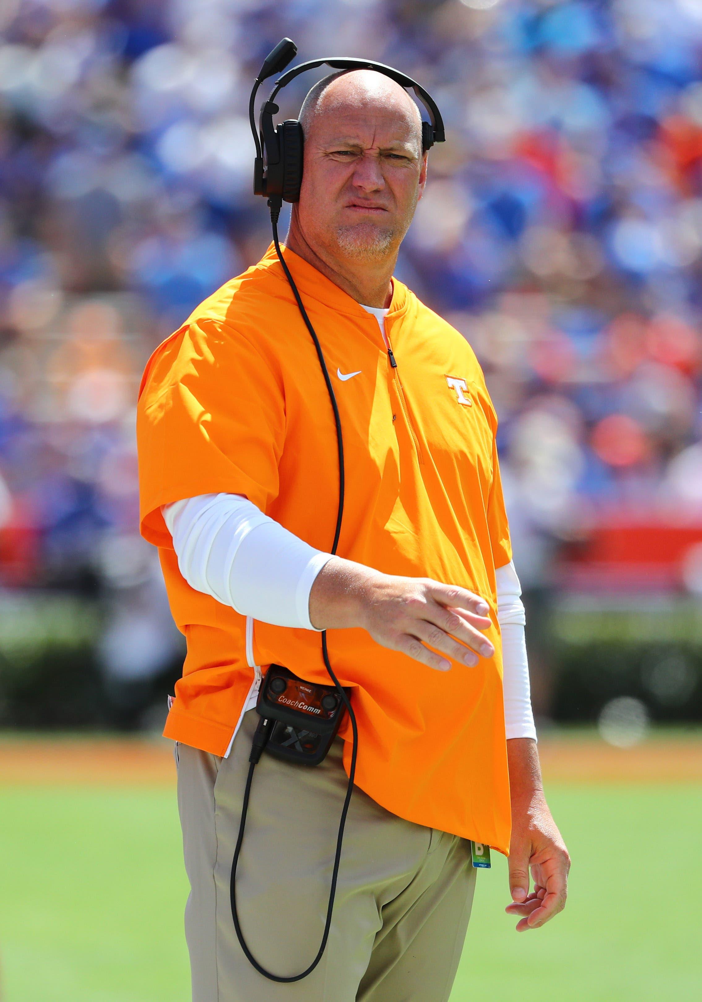 Sep 21, 2019; Gainesville, FL, USA; Tennessee Volunteers special teams coach Kevin Sherrer during the second half at Ben Hill Griffin Stadium. Mandatory Credit: Kim Klement-USA TODAY Sports / Kim Klement