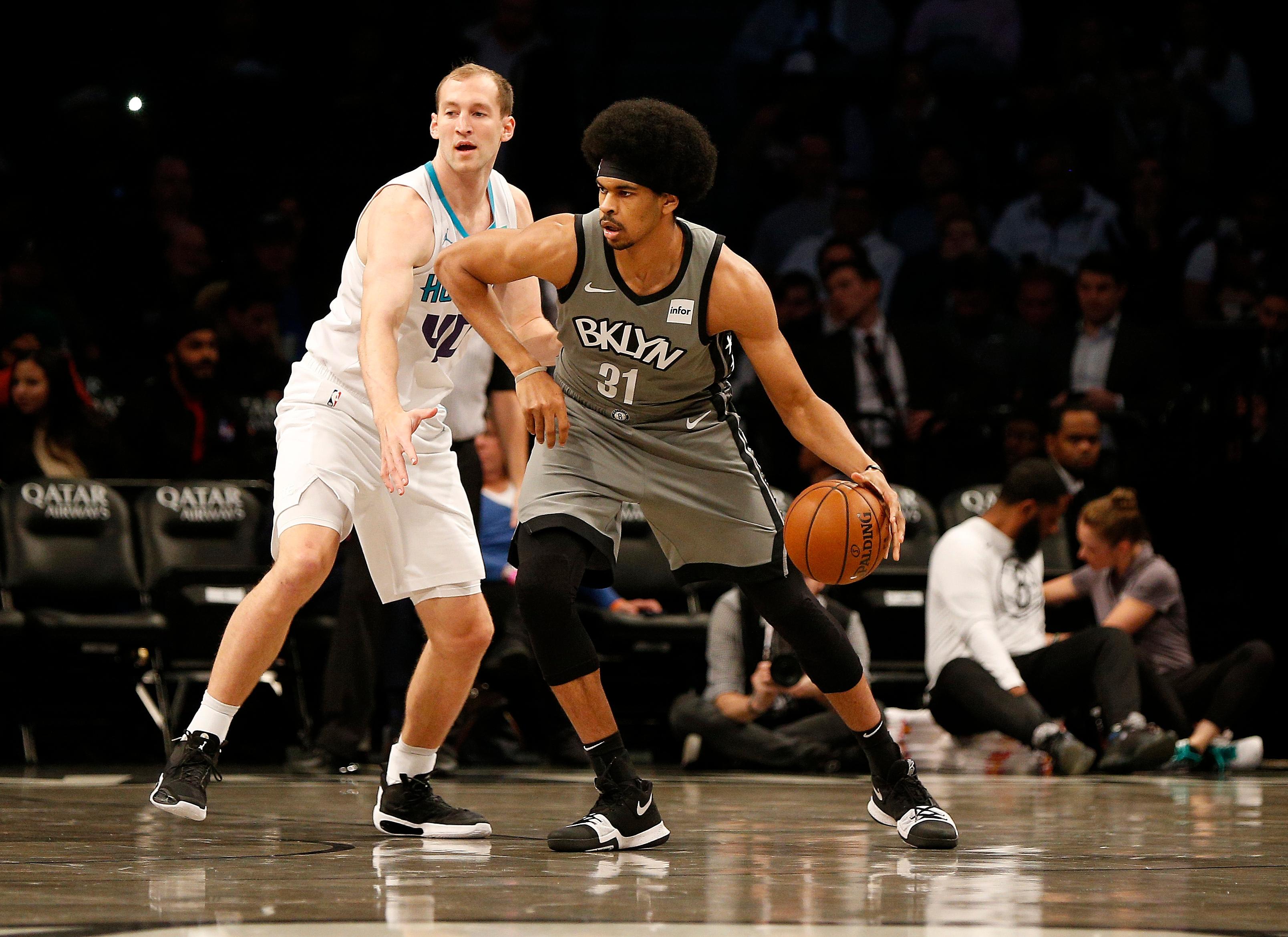 Nov 20, 2019; Brooklyn, NY, USA; Brooklyn Nets center Jarrett Allen (31) dribbles the ball against Charlotte Hornets forward Cody Zeller (40) during the first half at Barclays Center. Mandatory Credit: Andy Marlin-USA TODAY Sports