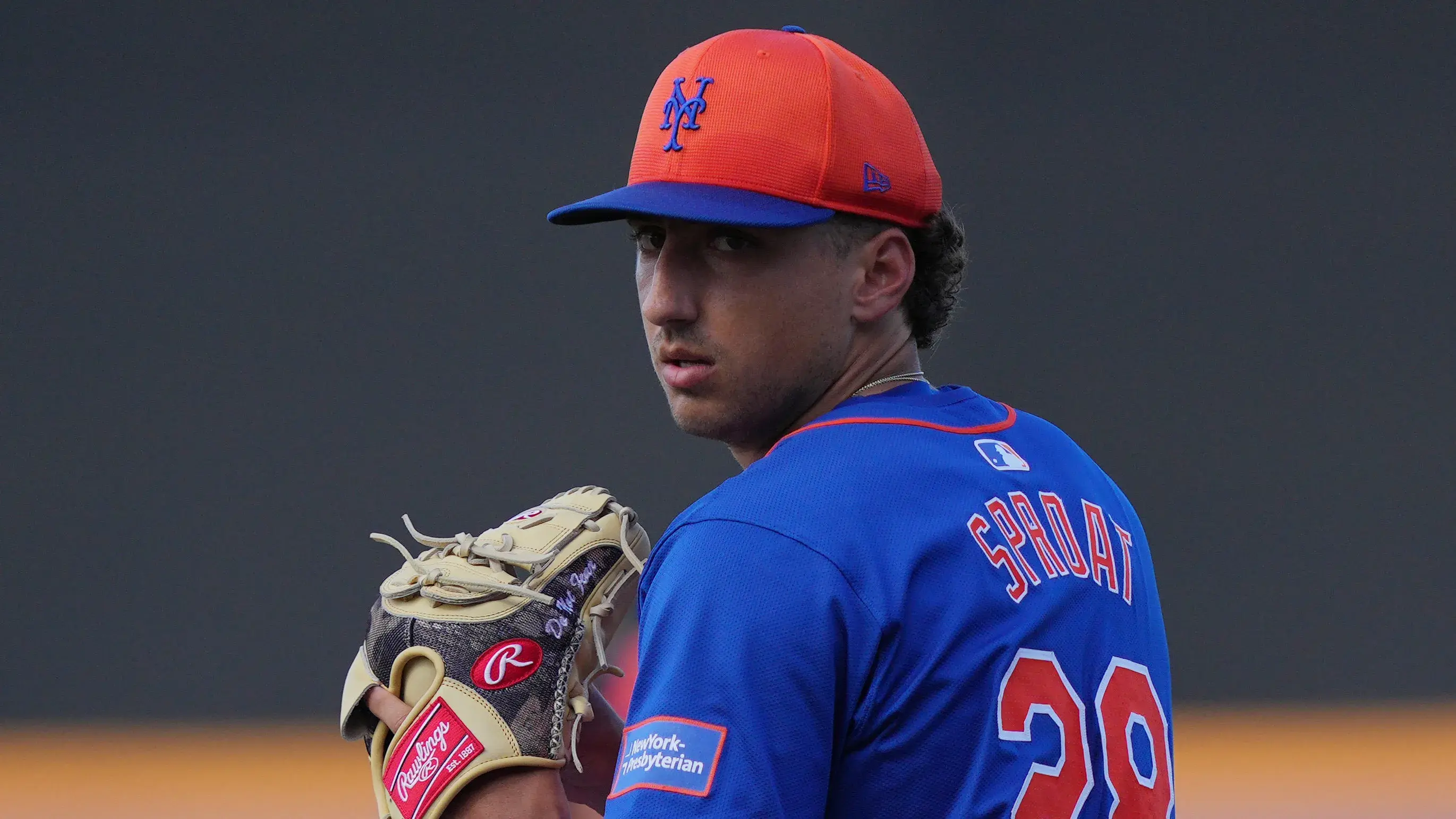 Mar 15, 2024; Port St. Lucie, Florida, USA; New York Mets pitcher Brandon Sproat (28) warms-up in the sixth inning against the Washington Nationals in the Spring Breakout game at Clover Park. / Jim Rassol - USA TODAY Sports