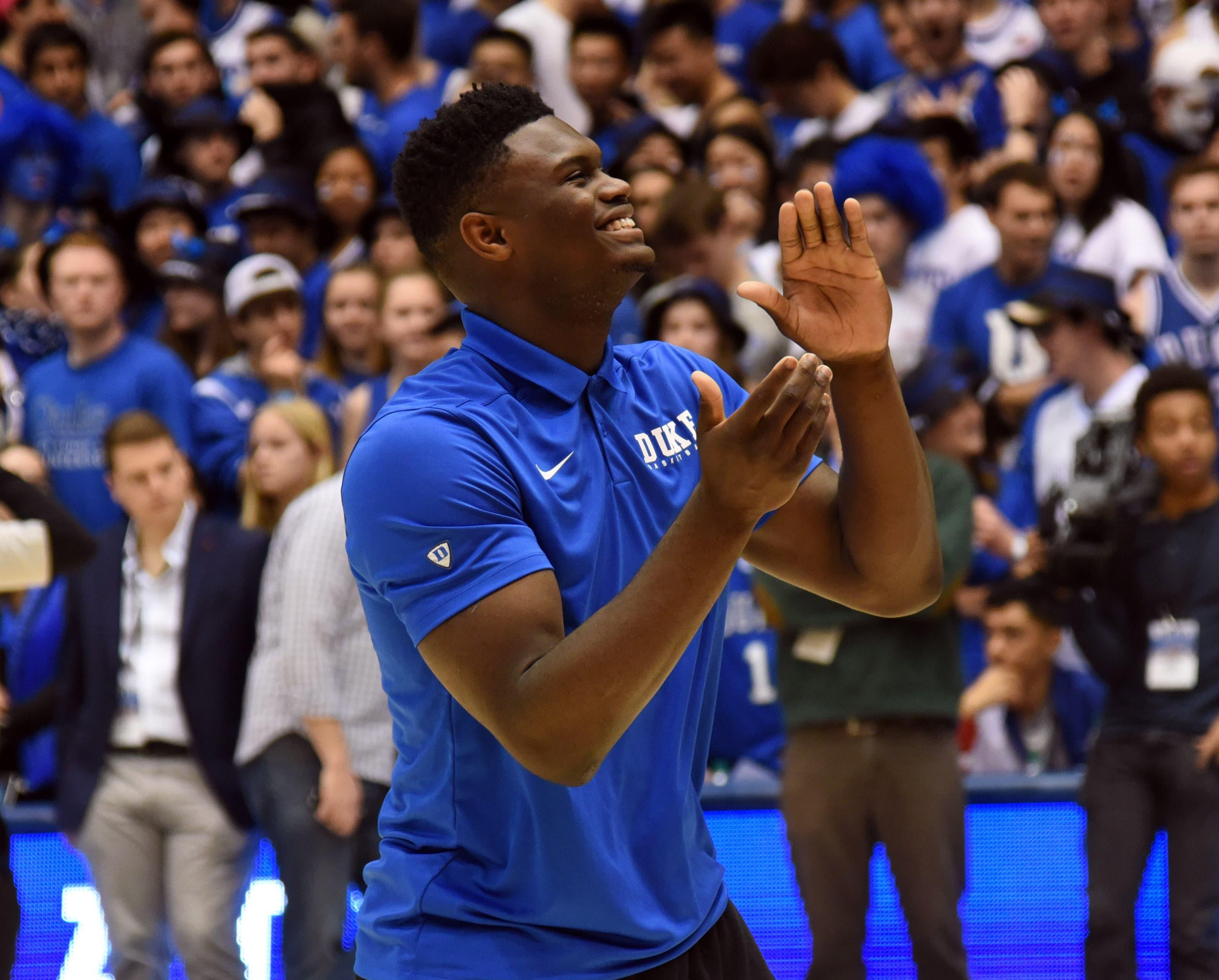 Mar 2, 2019; Durham, NC, USA; Duke Blue Devils forward Zion Williamson (1) watches teammates warm up prior to a game against the Miami Hurricanes at Cameron Indoor Stadium. Mandatory Credit: Rob Kinnan-USA TODAY Sports / Rob Kinnan