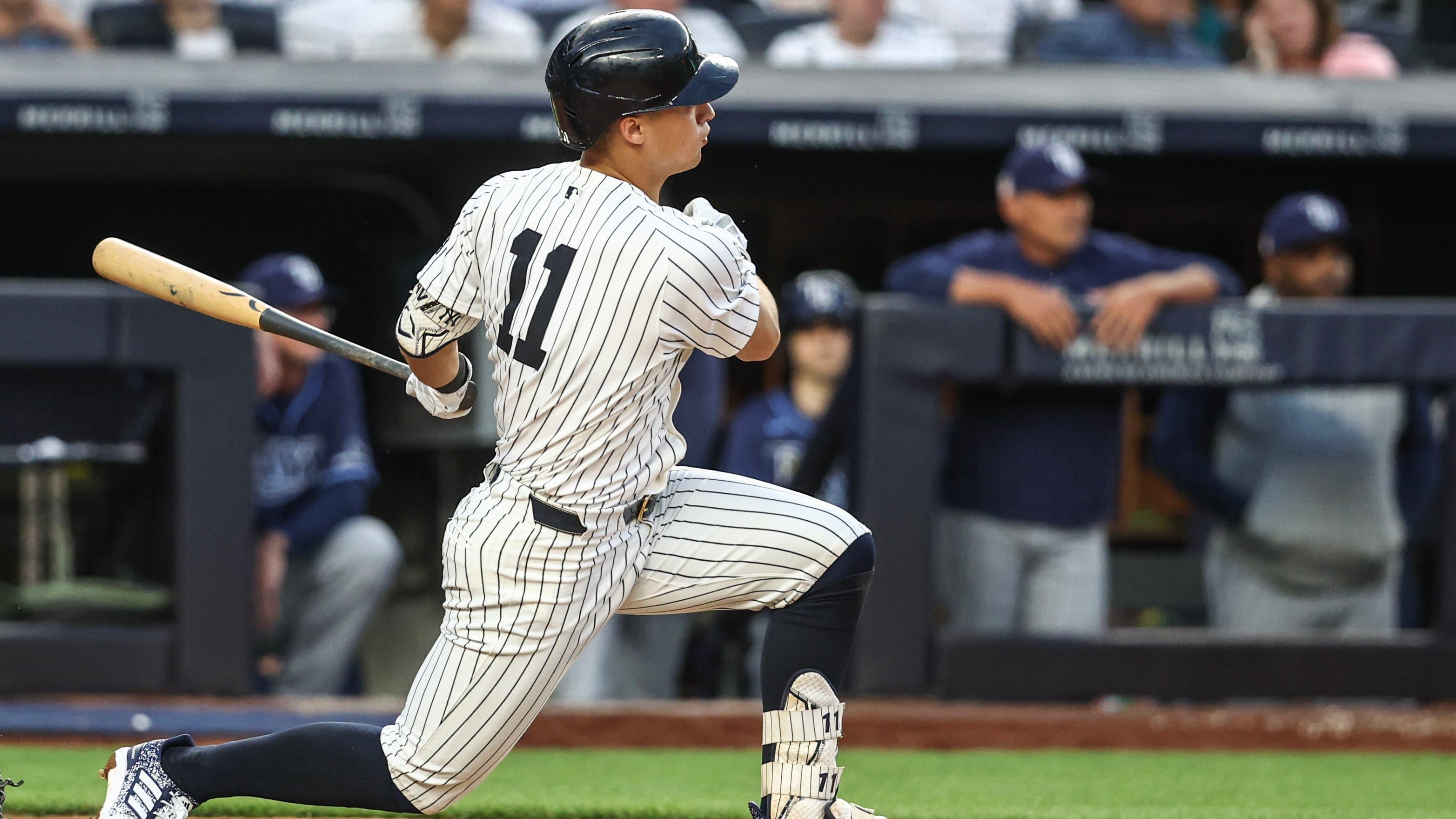 New York Yankees shortstop Anthony Volpe (11) hits a three run double in the third inning against the Tampa Bay Rays at Yankee Stadium. / Wendell Cruz-USA TODAY Sports