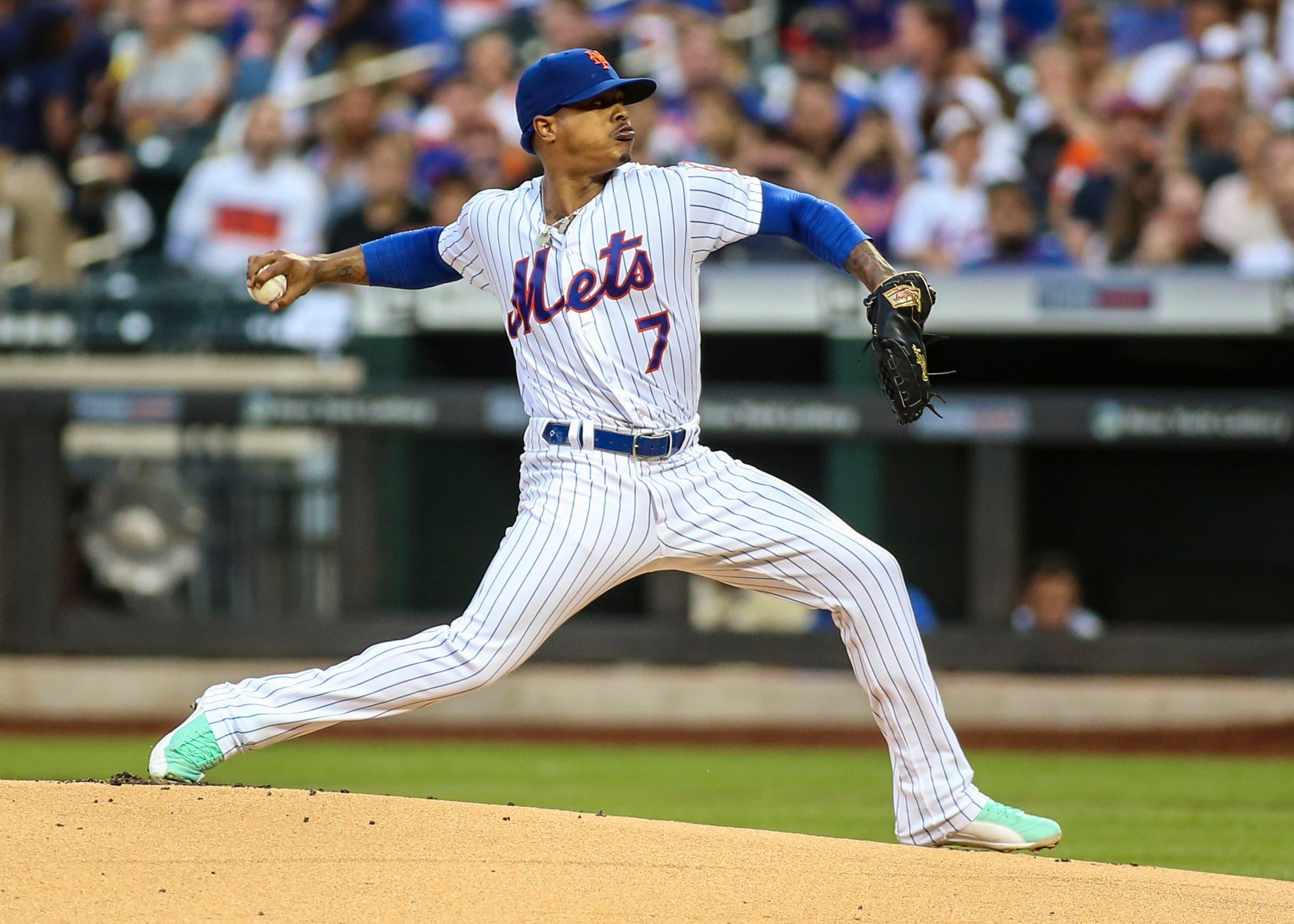 Aug 9, 2019; New York City, NY, USA; New York Mets pitcher Marcus Stroman (7) pitches in the first inning against the Washington Nationals at Citi Field. Mandatory Credit: Wendell Cruz-USA TODAY Sports / Wendell Cruz