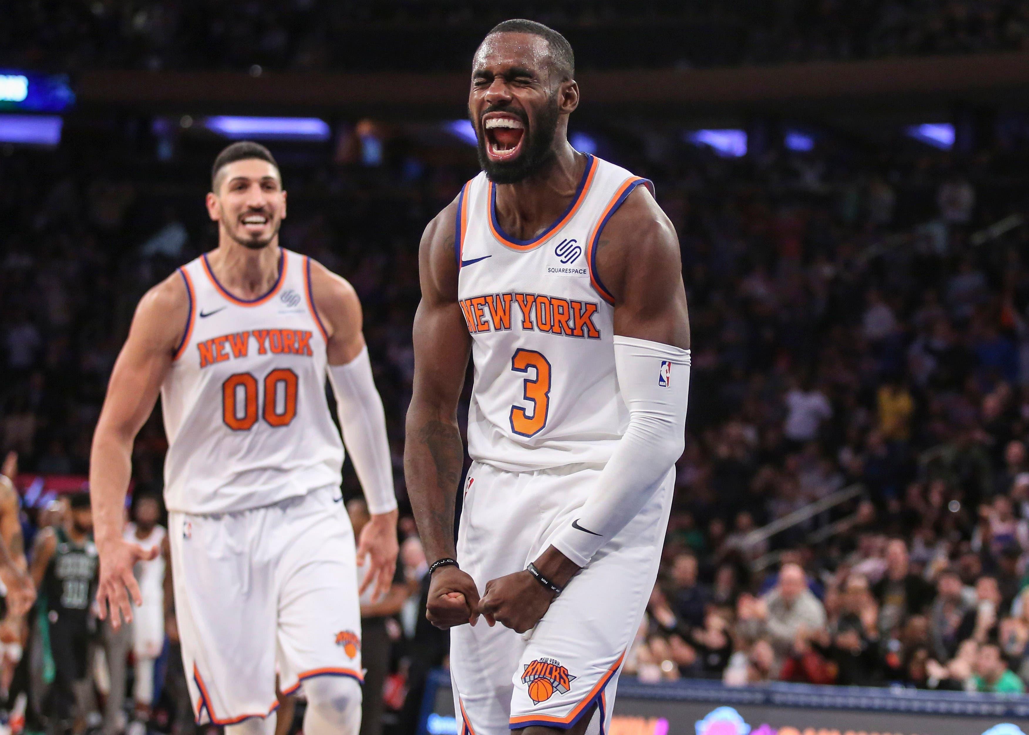 Oct 20, 2018; New York, NY, USA; New York Knicks guard Tim Hardaway Jr. (3) celebrates after hitting a three pointer in the fourth quarter against the Boston Celtics at Madison Square Garden. Mandatory Credit: Wendell Cruz-USA TODAY Sports / Wendell Cruz