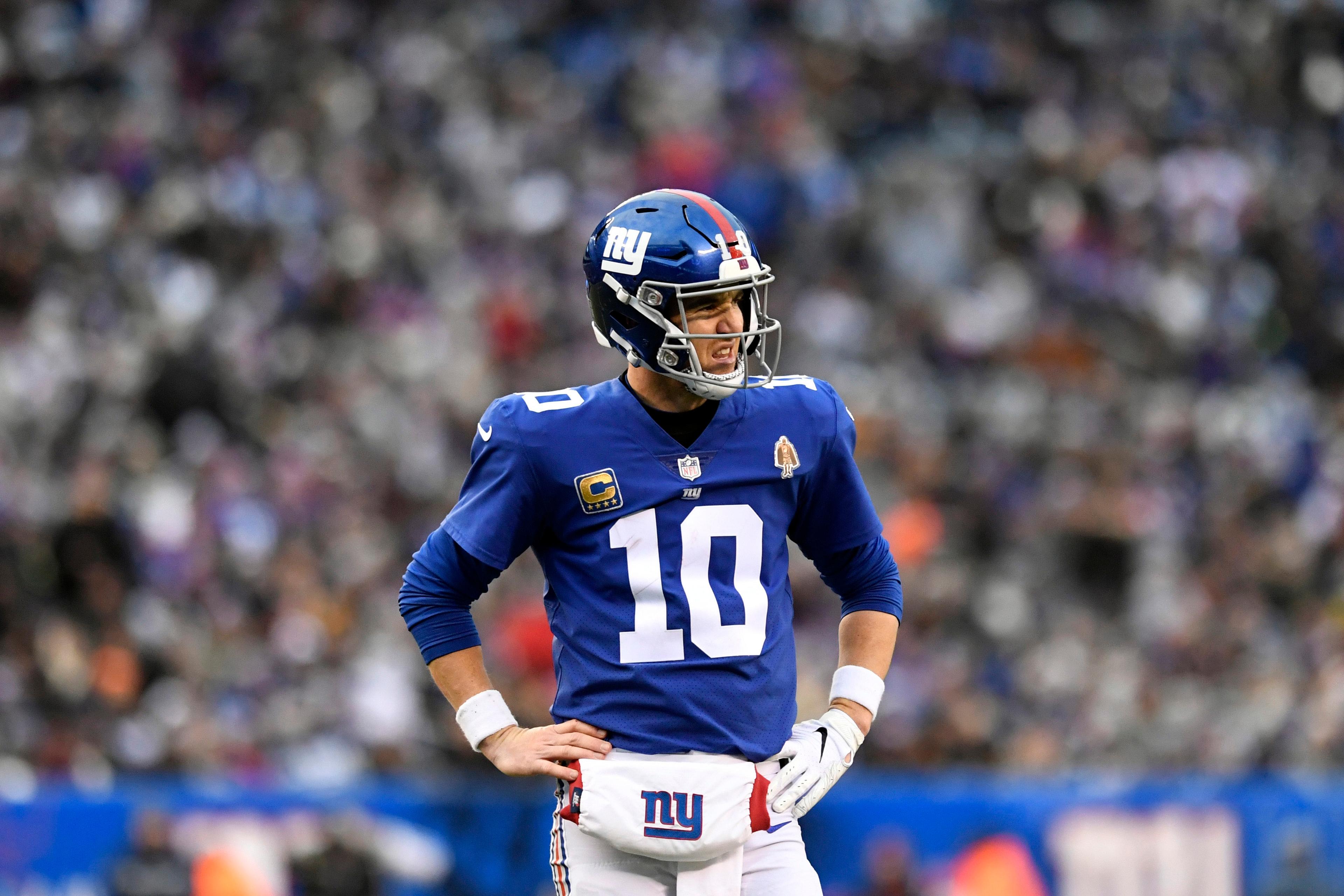 Dec 30, 2018; East Rutherford, NJ, USA; New York Giants quarterback Eli Manning (10) reacts after an incomplete pass in the fourth quarter against the Dallas Cowboys at MetLife Stadium. Mandatory Credit: Danielle Parhizkaran/NorthJersey.com via USA TODAY NETWORK