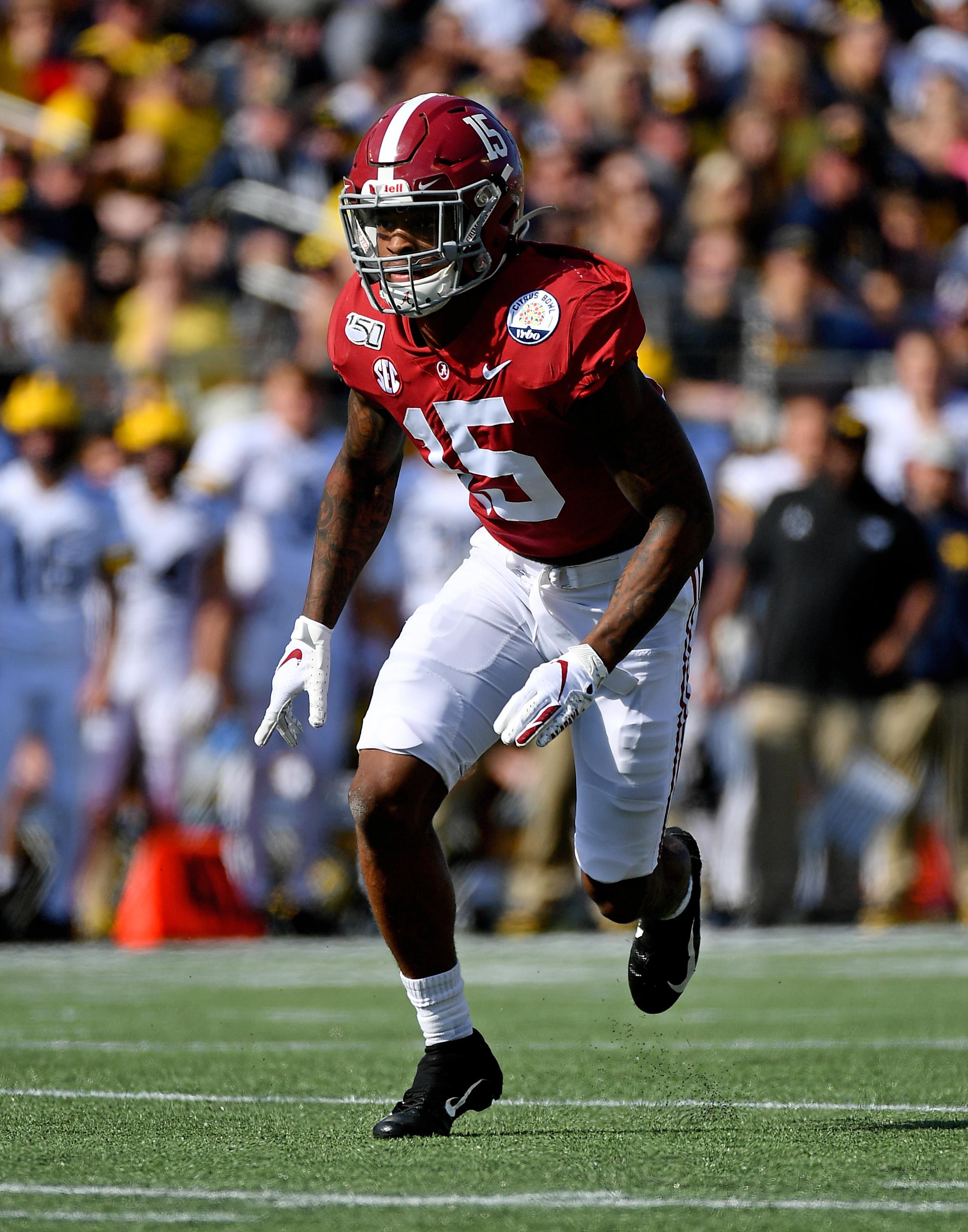 Jan 1, 2020; Orlando, Florida, USA; Alabama Crimson Tide defensive back Xavier McKinney (15) plays the field during the first half against the Michigan Wolverines at Camping World Stadium. Mandatory Credit: Jasen Vinlove-USA TODAY Sports