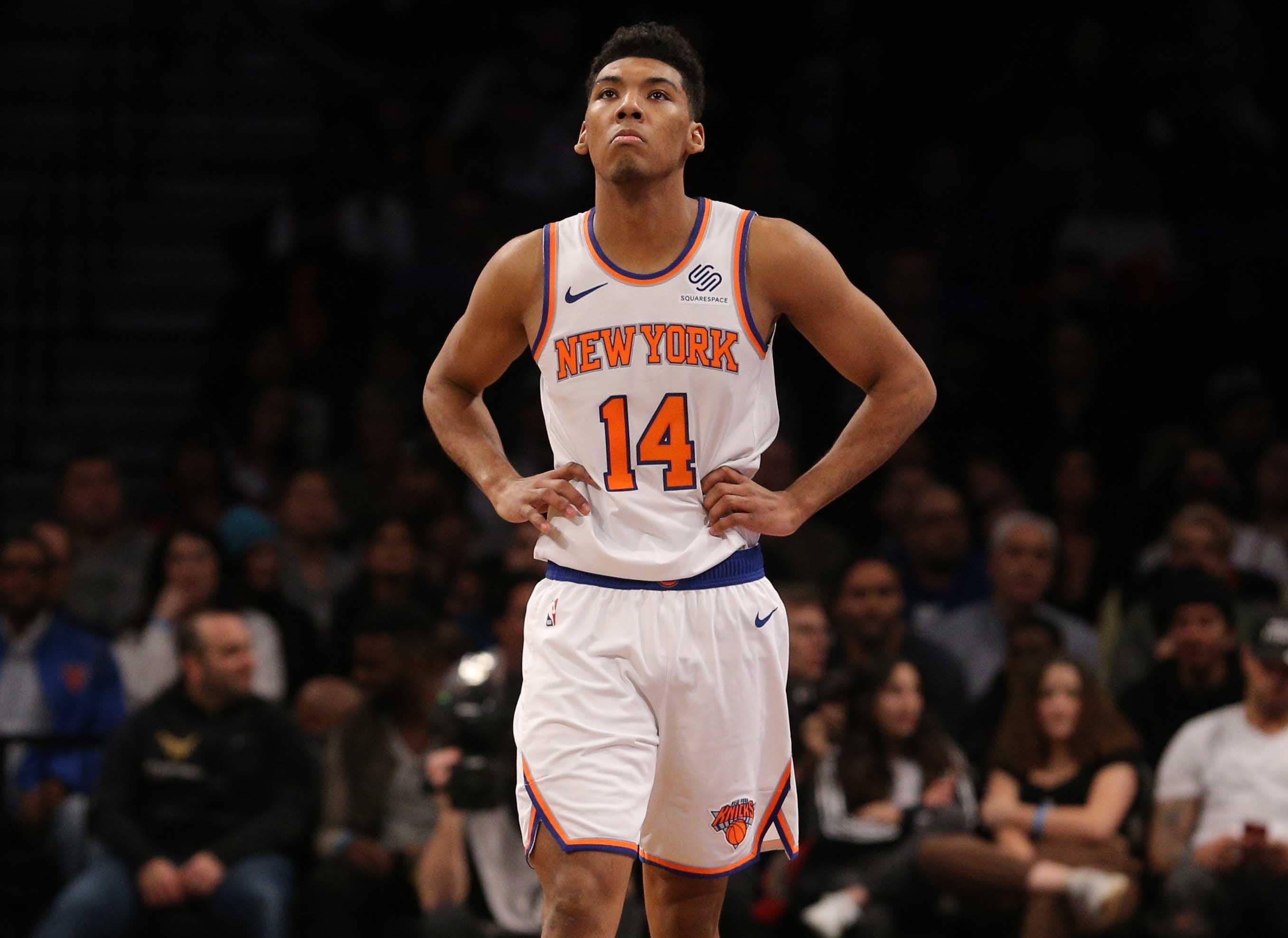 Jan 25, 2019; Brooklyn, NY, USA; New York Knicks guard Allonzo Trier (14) reacts during the fourth quarter against the Brooklyn Nets at Barclays Center. Mandatory Credit: Brad Penner-USA TODAY Sports / Brad Penner