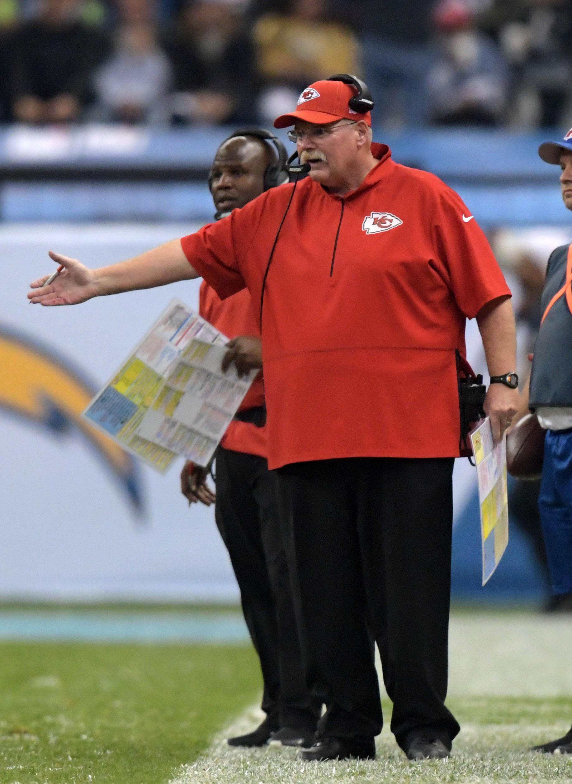 Nov 18, 2019; Mexico City, MEX; Kansas City Chiefs head coach Andy Reid and offensive coordinator Eric Bieniemy watch from the sidelines in the second half against the Los Angeles Chargers during an NFL International Series game at Estadio Azteca. The Chiefs defeated the Chargers 24-17. Mandatory Credit: Kirby Lee-USA TODAY Sports