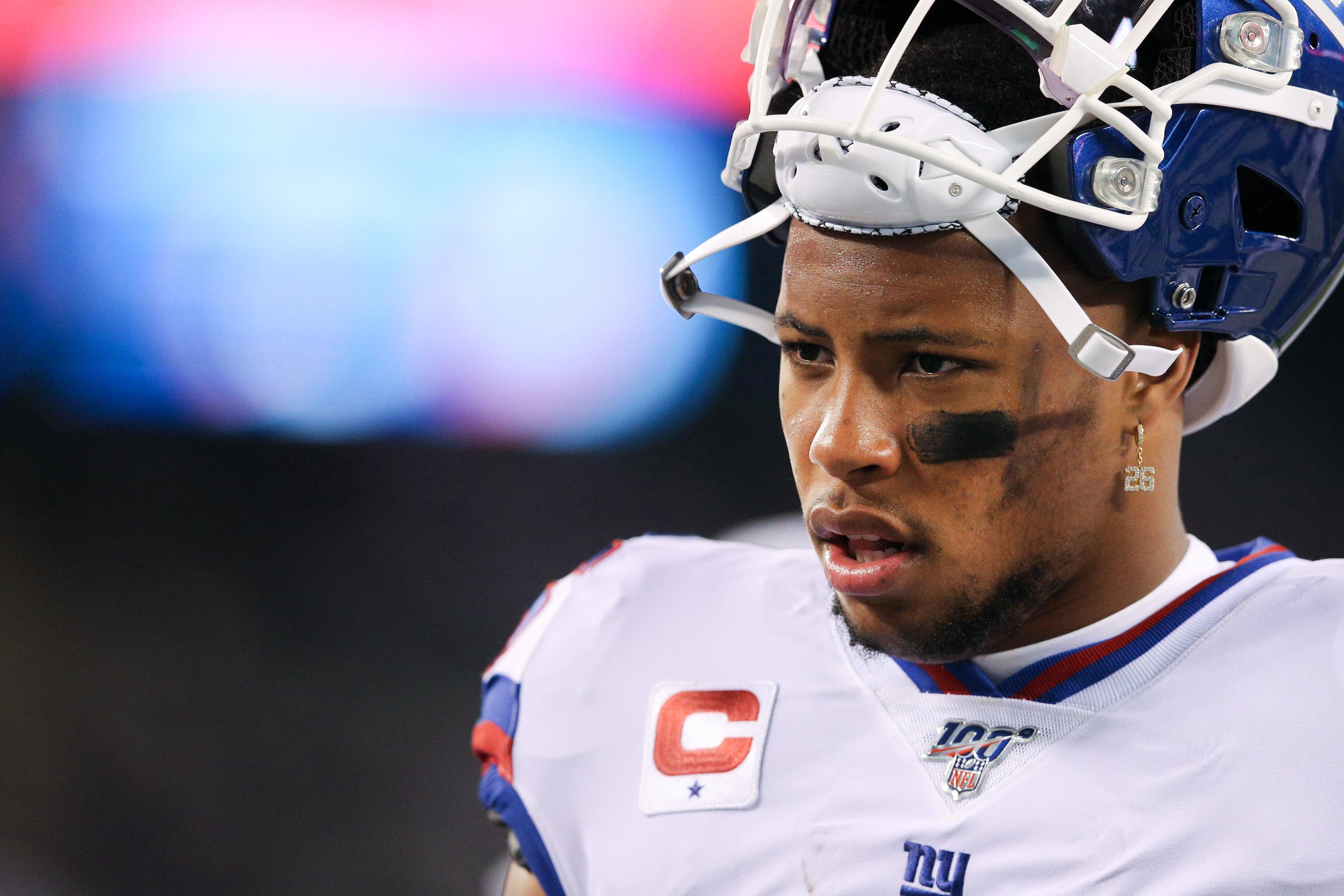 Nov 4, 2019; East Rutherford, NJ, USA; New York Giants running back Saquon Barkley (26) during warm ups before a game against the Dallas Cowboys at MetLife Stadium. Mandatory Credit: Brad Penner-USA TODAY Sports / Brad Penner