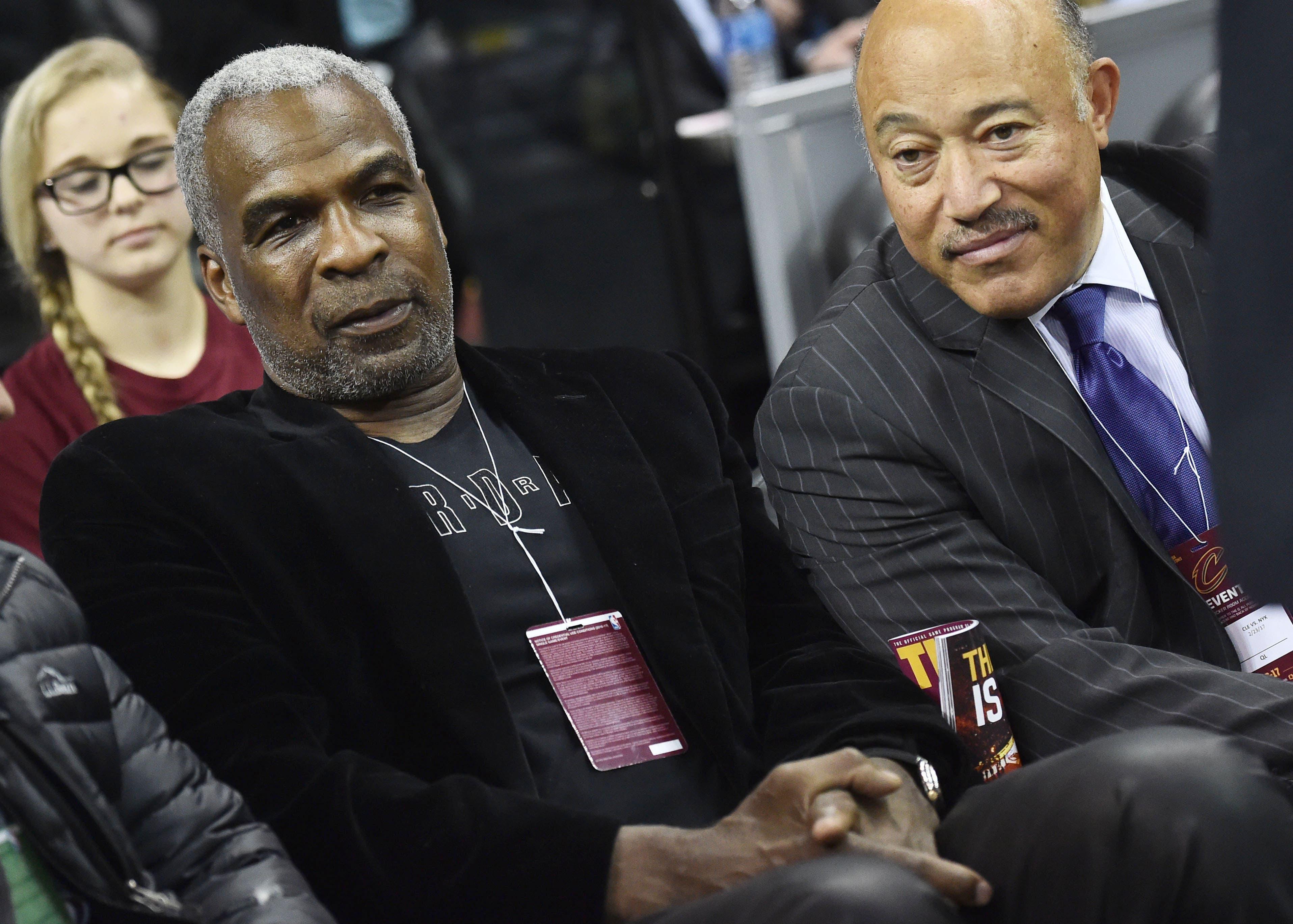 Feb 23, 2017; Cleveland, OH, USA; Former New York Knicks player Charles Oakley, left, attends the game between the Cleveland Cavaliers and the New York Knicks at Quicken Loans Arena. Mandatory Credit: Ken Blaze-USA TODAY Sports / Ken Blaze