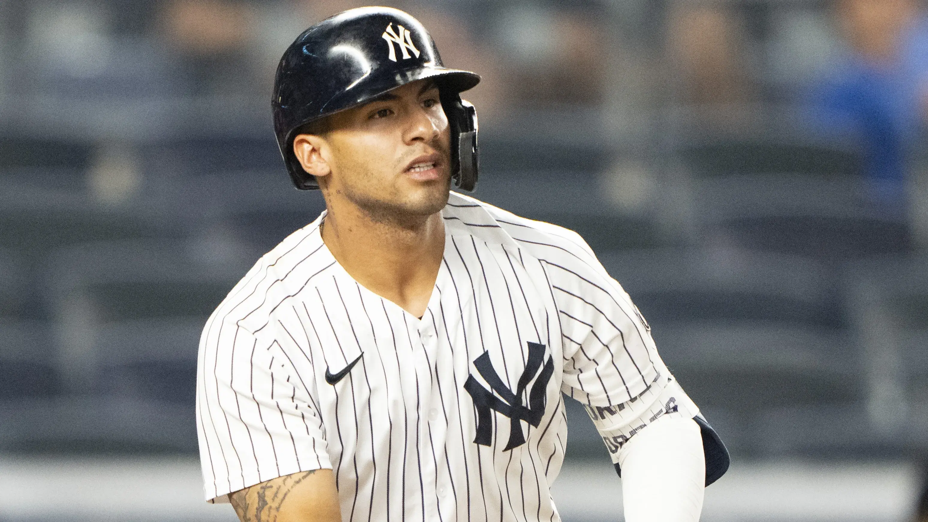 Jun 5, 2021; Bronx, New York, USA; New York Yankees Shortstop Gleyber Torres (25) watches his sacrifice fly ball to drive in a run during the sixth inning against the Boston Red Sox at Yankee Stadium. Mandatory Credit: Gregory Fisher-USA TODAY Sports / © Gregory Fisher-USA TODAY Sports