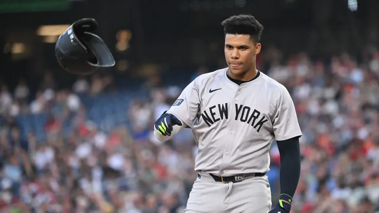 New York Yankees right fielder Juan Soto (22) tosses his helmet after striking out against the Washington Nationals during the third inning at Nationals Park. / Rafael Suanes-USA TODAY Sports