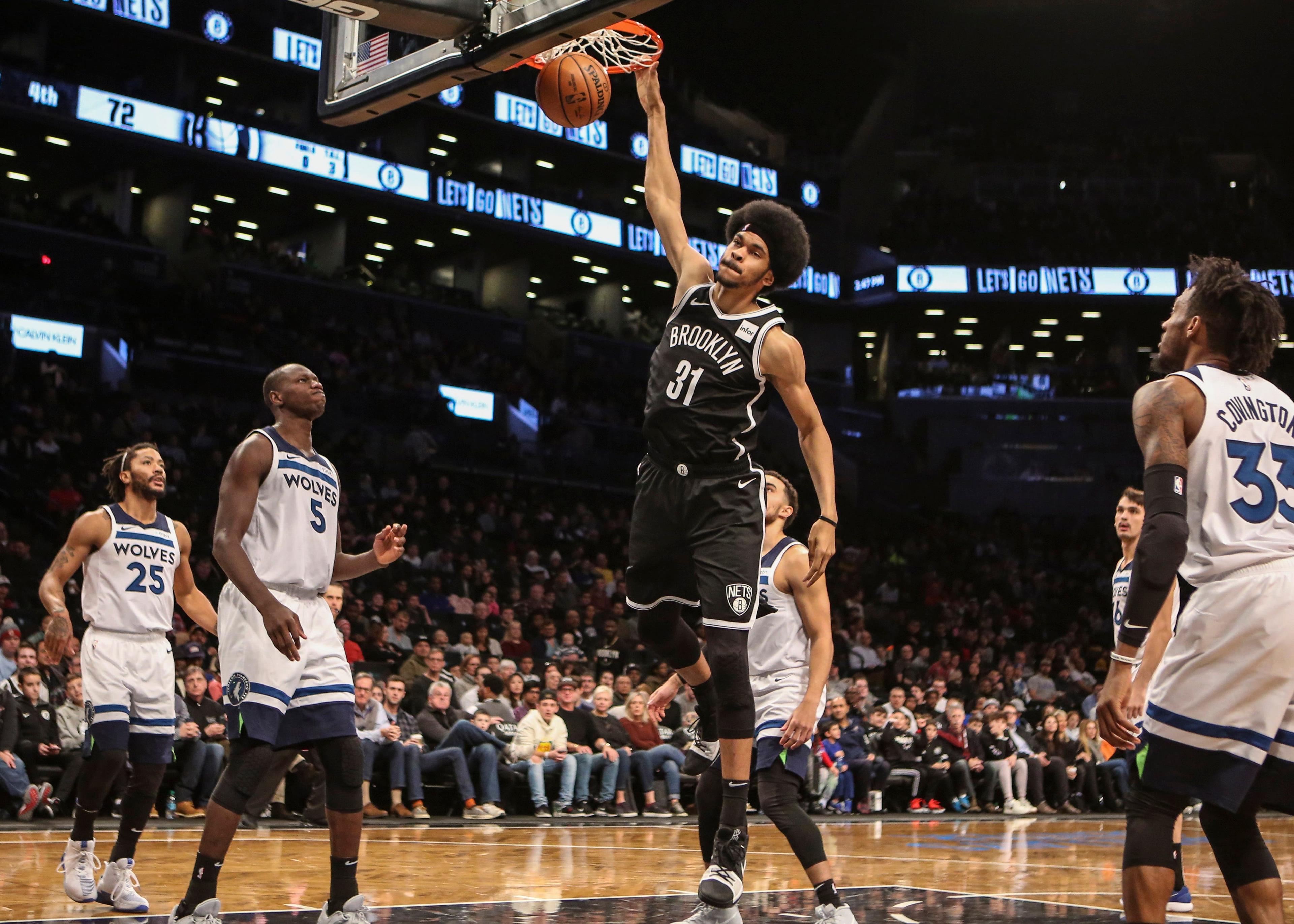 Nov 23, 2018; Brooklyn, NY, USA; Brooklyn Nets center Jarrett Allen (31) dunks in the third quarter against the Minnesota Timberwolves at Barclays Center. Mandatory Credit: Wendell Cruz-USA TODAY Sports / Wendell Cruz