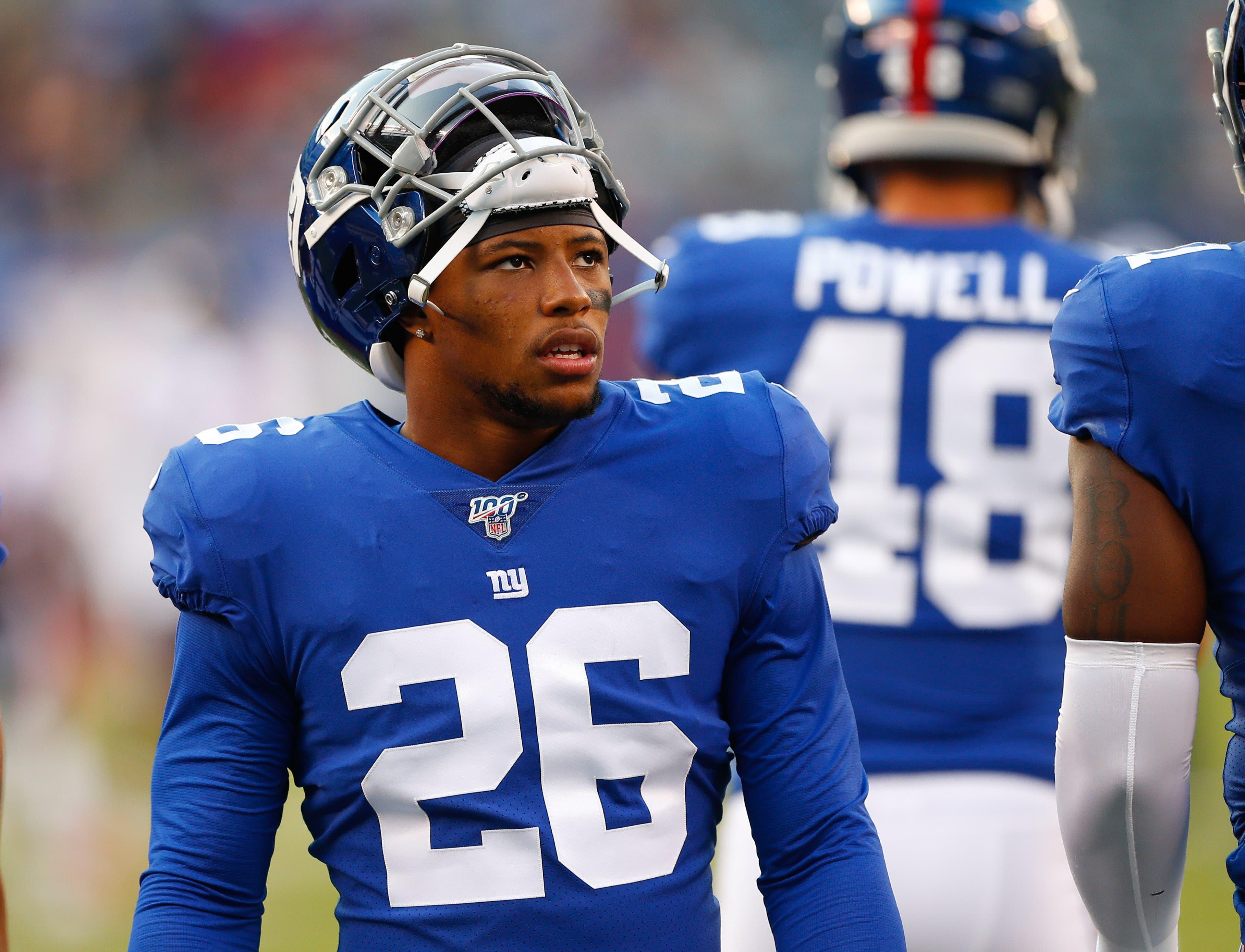 Aug 16, 2019; East Rutherford, NJ, USA; New York Giants running back Saquon Barkley (26) during warm up before NFL game against the Chicago Bears at MetLife Stadium. Mandatory Credit: Noah K. Murray-USA TODAY Sports / Noah K. Murray