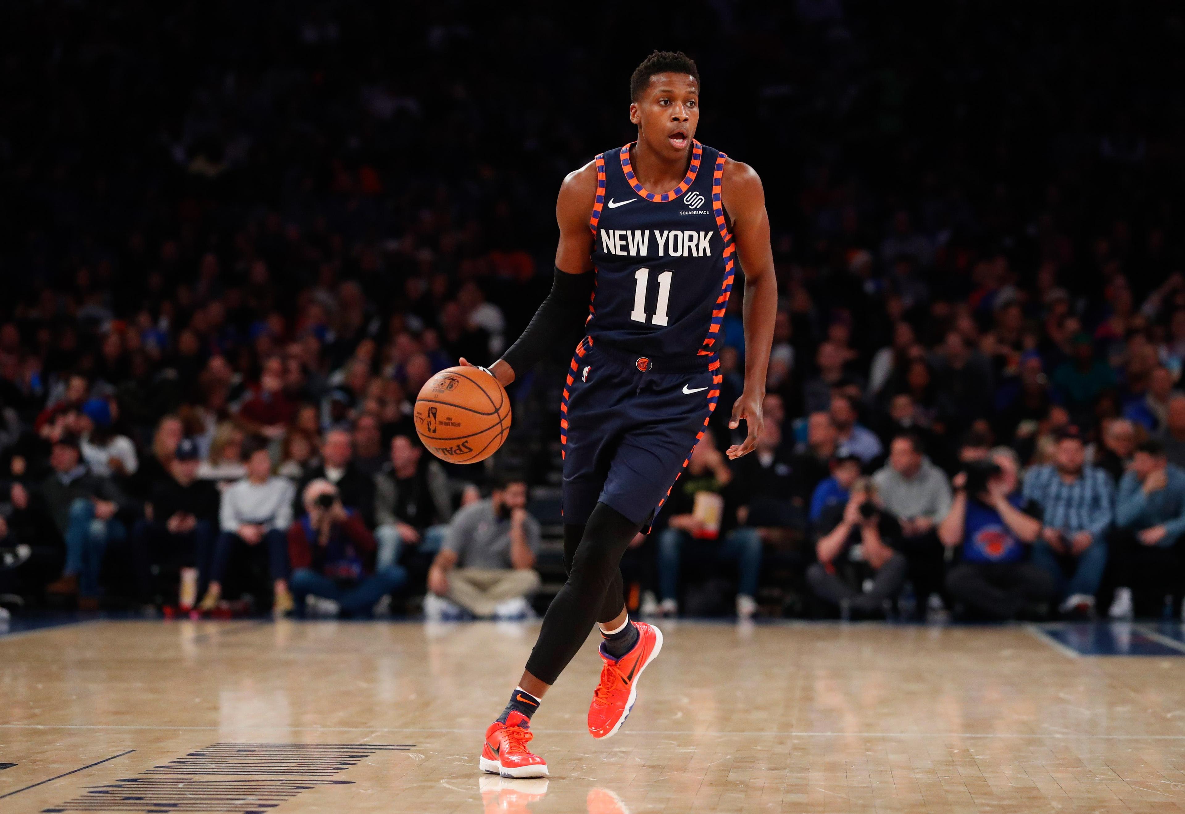 Dec 7, 2019; New York, NY, USA; New York Knicks guard Frank Ntilikina (11) dribbles the ball against the Indiana Pacers during the second half at Madison Square Garden. Mandatory Credit: Noah K. Murray-USA TODAY Sports / Noah K. Murray