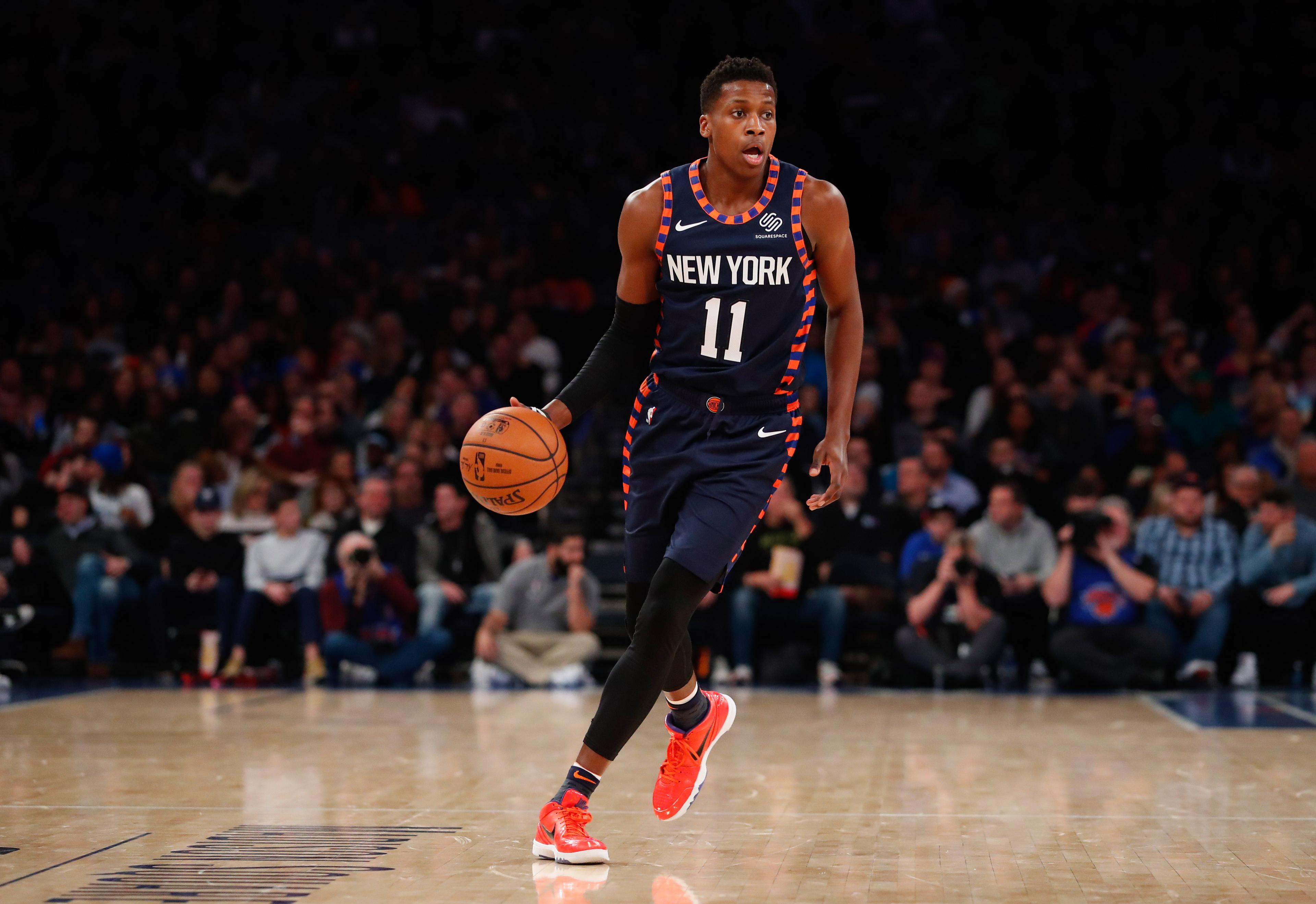 Dec 7, 2019; New York, NY, USA; New York Knicks guard Frank Ntilikina (11) dribbles the ball against the Indiana Pacers during the second half at Madison Square Garden. Mandatory Credit: Noah K. Murray-USA TODAY Sports