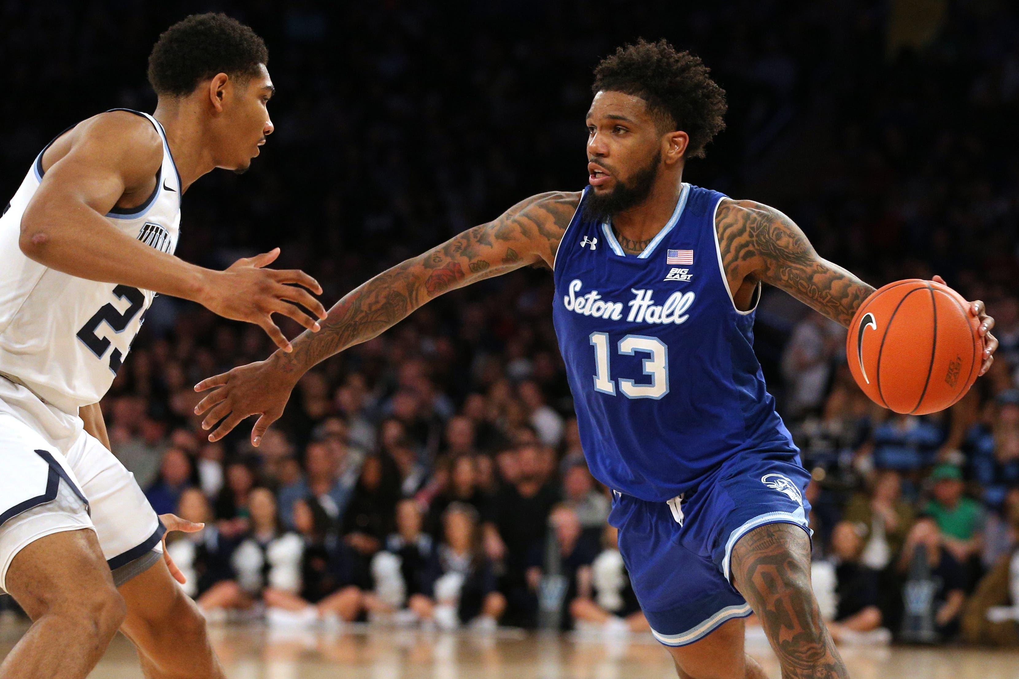 Mar 16, 2019; New York, NY, USA; Seton Hall Pirates guard Myles Powell (13) controls the ball against Villanova Wildcats forward Jermaine Samuels (23) during the second half of the Big East conference tournament final at Madison Square Garden. Mandatory Credit: Brad Penner-USA TODAY Sports / Brad Penner