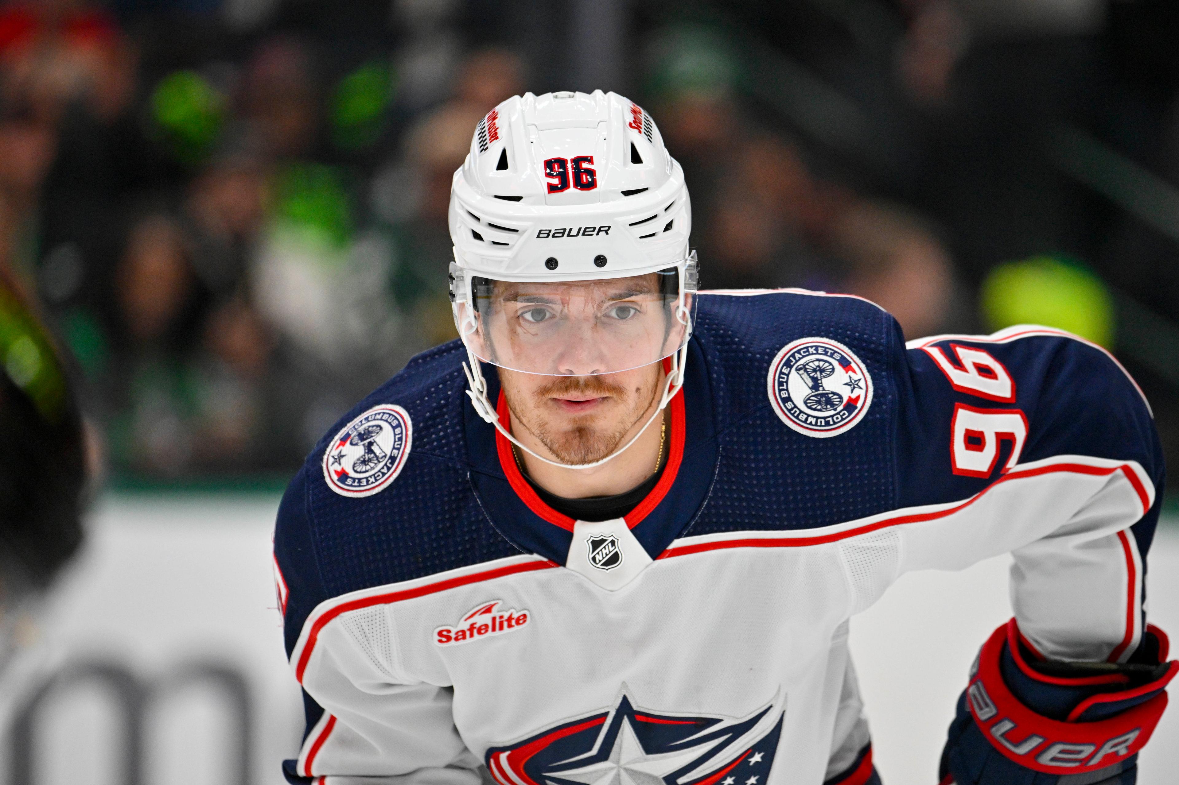 Oct 30, 2023; Dallas, Texas, USA; Columbus Blue Jackets center Jack Roslovic (96) in action during the game between the Dallas Stars and the Columbus Blue Jackets at American Airlines Center. / Jerome Miron - USA TODAY Sports