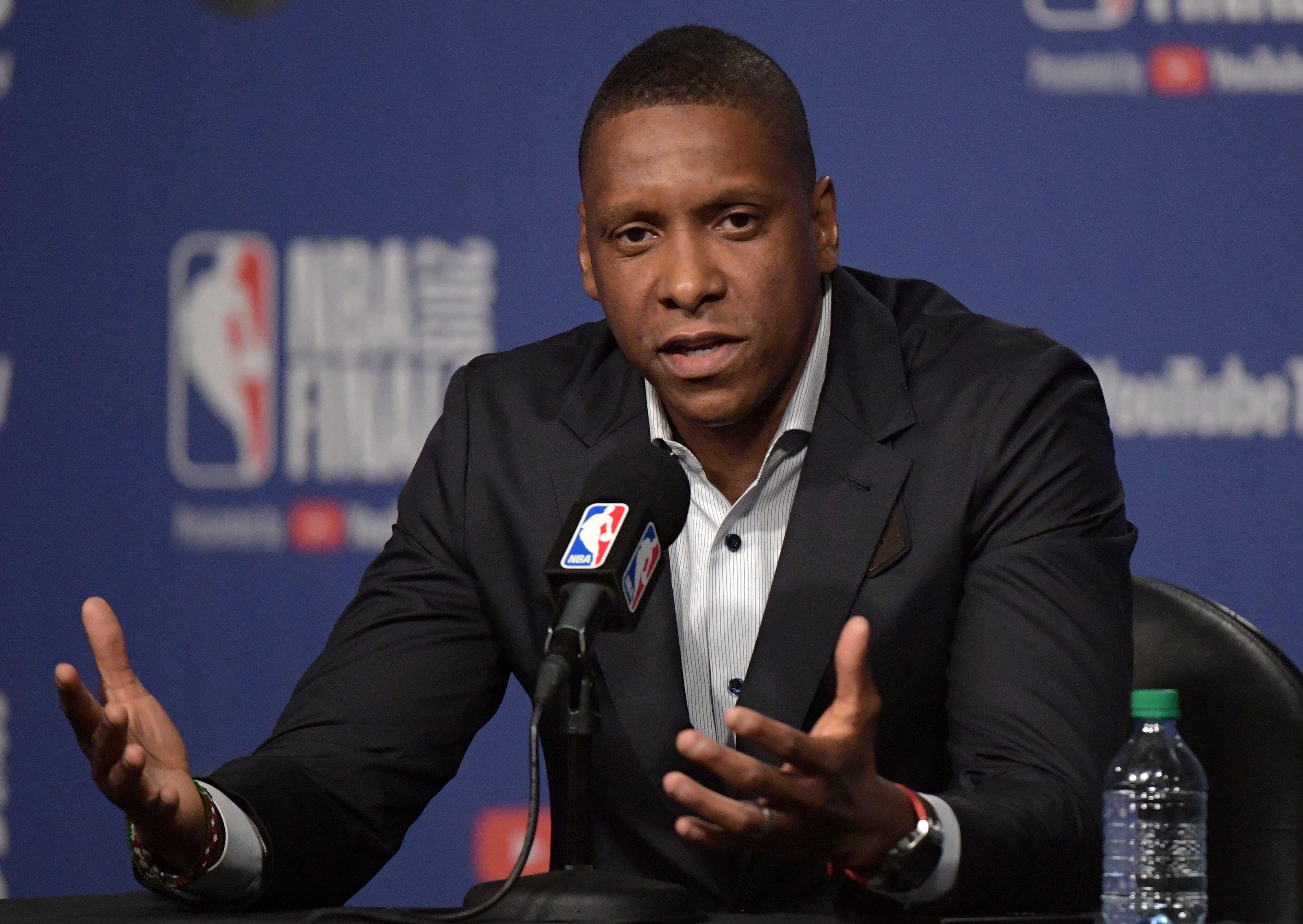 May 29, 2019; Toronto, Ontario, CAN; Toronto Raptors president Masai Ujiri answers questions during Media Day before the NBA Finals at Scotiabank Arena. Mandatory Credit: Dan Hamilton-USA TODAY Sports / Dan Hamilton