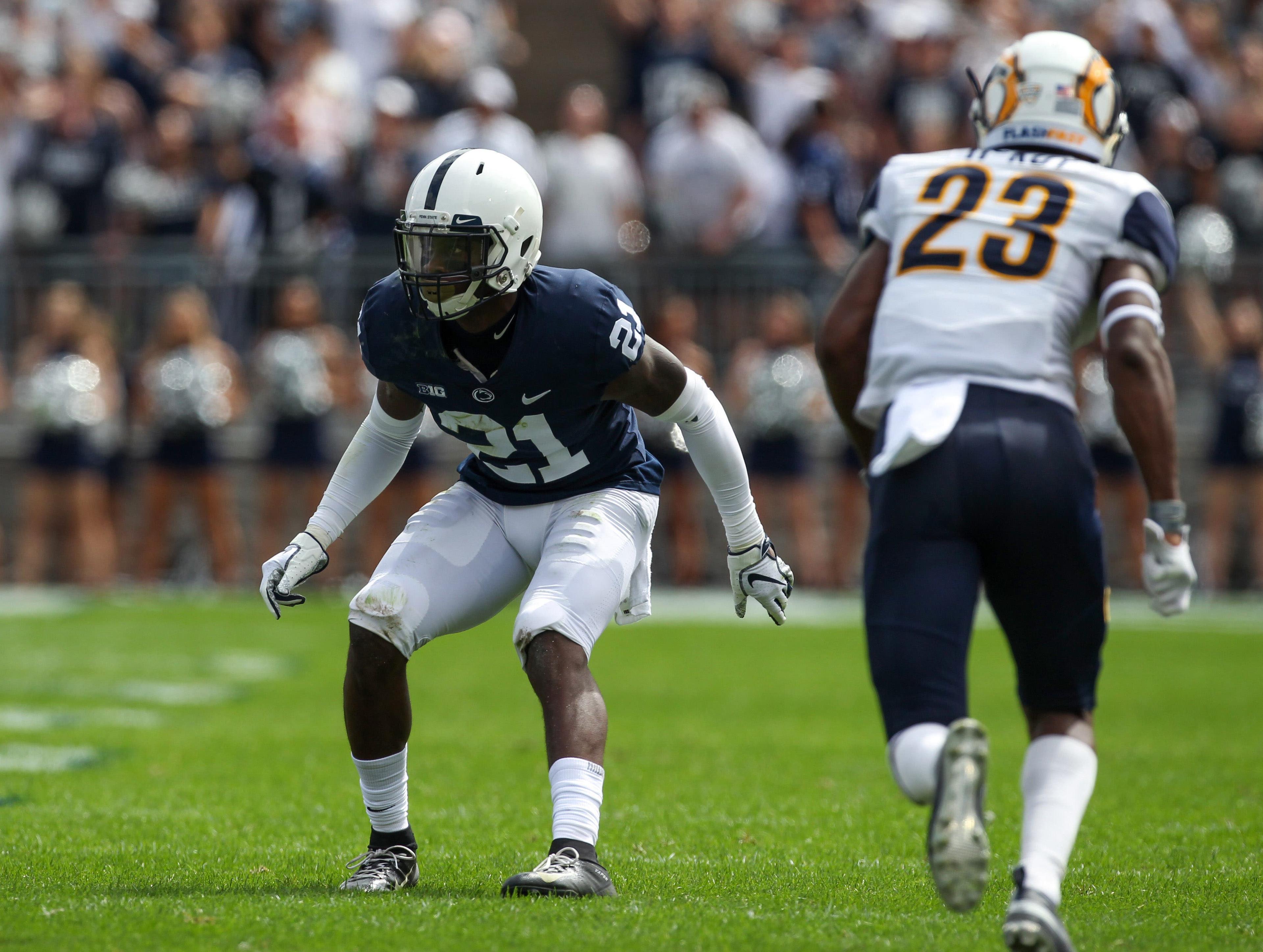 Sep 15, 2018; University Park, PA, USA; Penn State Nittany Lions cornerback Amani Oruwariye (21) during the first quarter against the Kent State Golden Flashes at Beaver Stadium. Penn State defeated Kent State 63-10. Mandatory Credit: Matthew O'Haren-USA TODAY Sports / Matthew OHaren