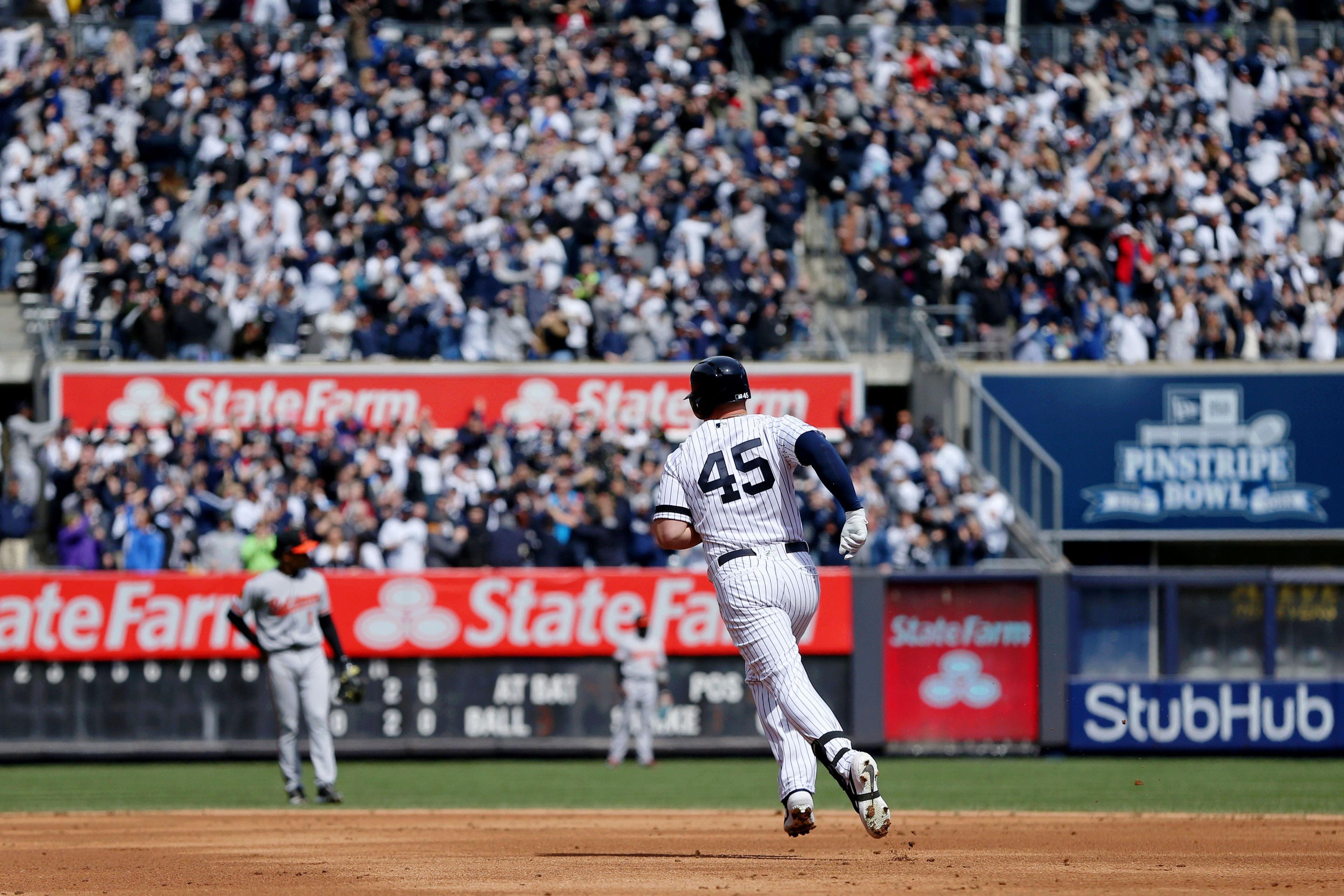 Mar 28, 2019; Bronx, NY, USA; New York Yankees designated hitter Luke Voit (45) rounds the bases after hitting a three run home run against the Baltimore Orioles during the first inning at Yankee Stadium. Mandatory Credit: Brad Penner-USA TODAY Sports / Brad Penner