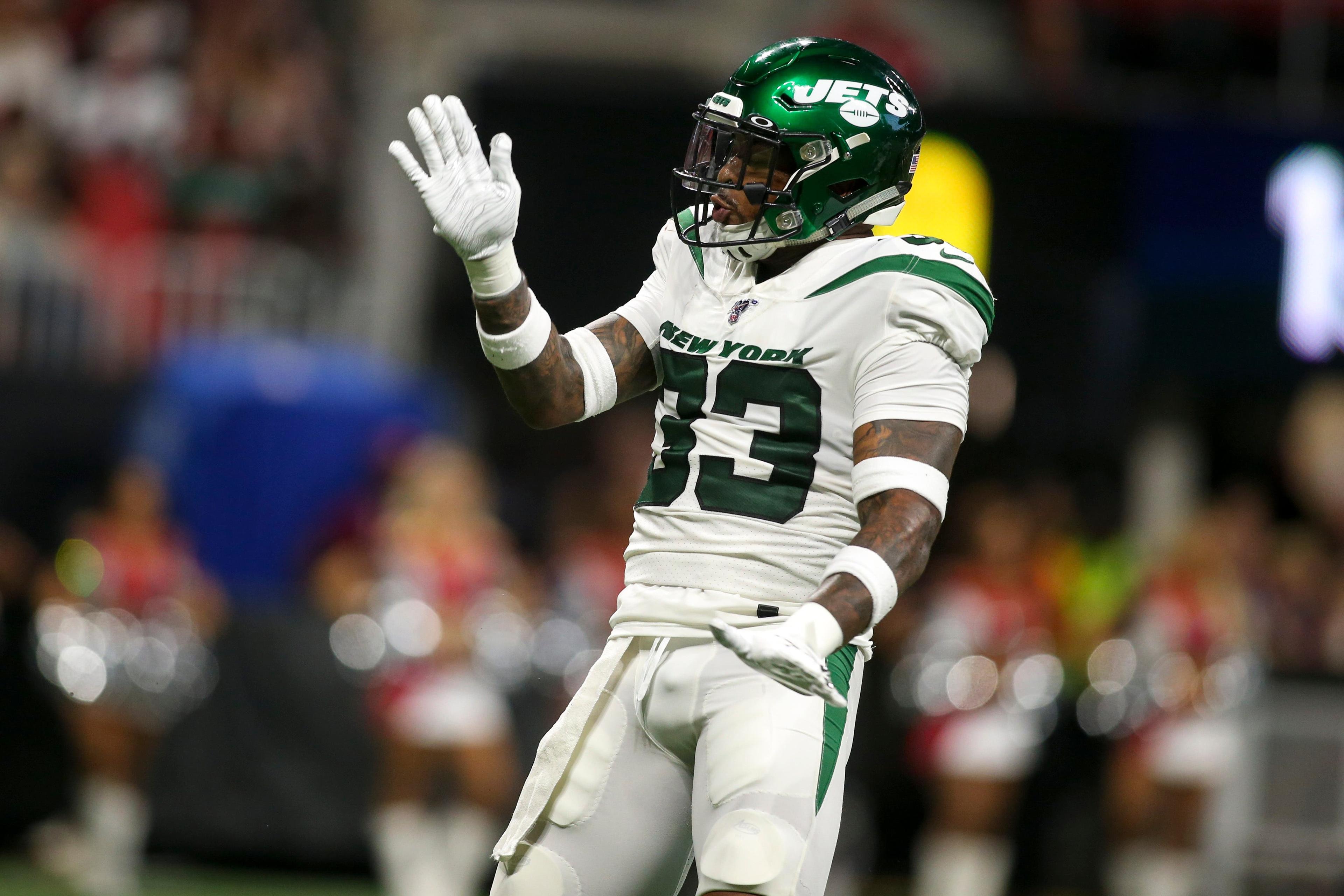 Aug 15, 2019; Atlanta, GA, USA; New York Jets strong safety Jamal Adams (33) celebrates after a sack against the Atlanta Falcons in the first quarter at Mercedes-Benz Stadium. Mandatory Credit: Brett Davis-USA TODAY Sports / Brett Davis