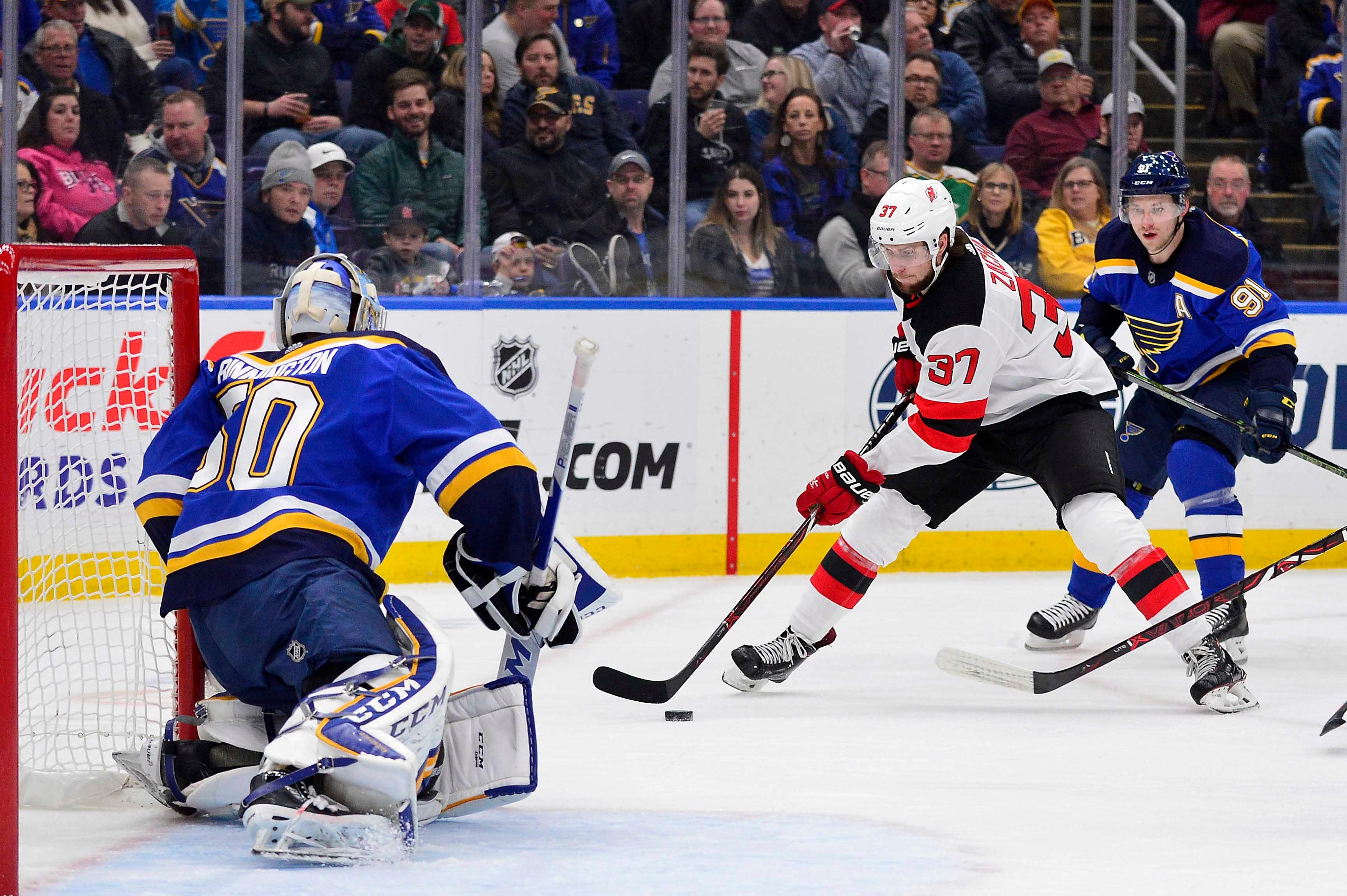 Feb 12, 2019; St. Louis, MO, USA; New Jersey Devils center Pavel Zacha (37) handles the puck as St. Louis Blues goaltender Jordan Binnington (50) defends the net during the second period at Enterprise Center. Mandatory Credit: Jeff Curry-USA TODAY Sports